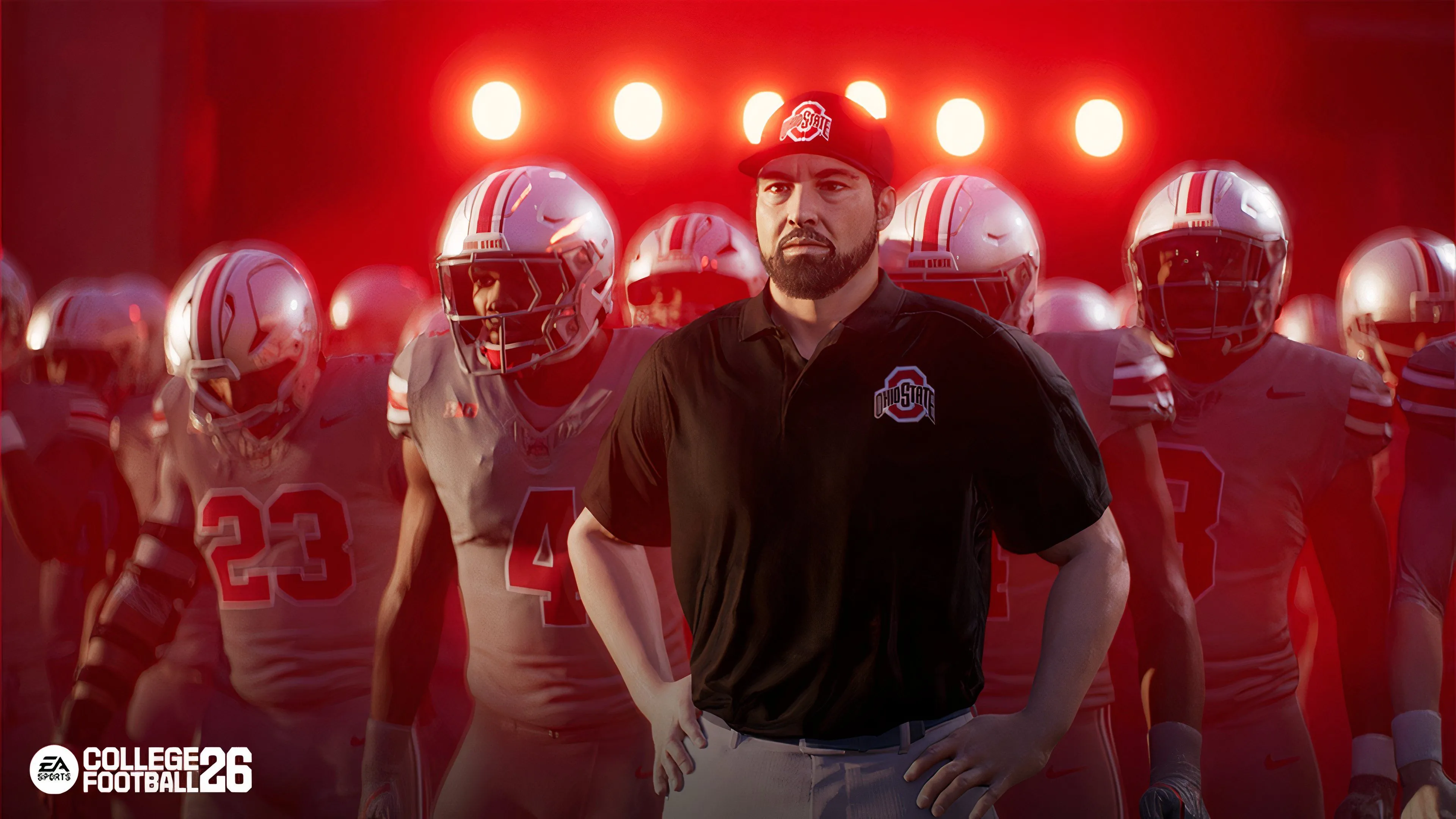 Huấn luyện viên Ryan Day của Ohio State Buckeyes trong một cảnh cắt từ College Football 26, thể hiện sự chân thực của các nhân vật huấn luyện viên
