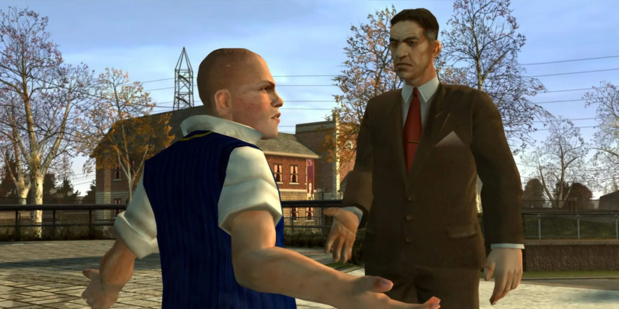 Jimmy Hopkins đứng trước hiệu trưởng, cảnh tượng quen thuộc trong Bully Scholarship Edition.