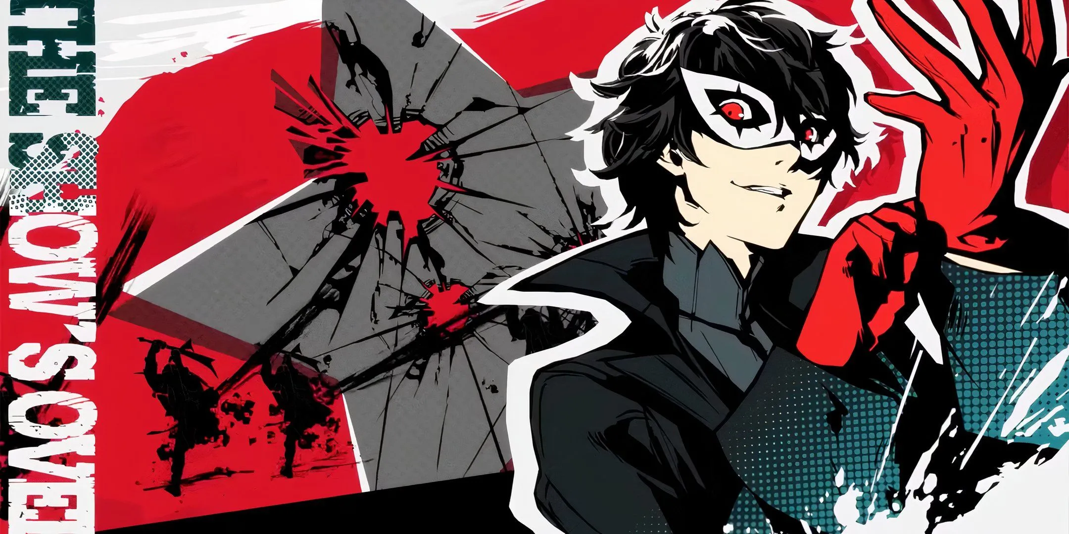 Joker của Persona 5 cười và chỉnh găng tay sau khi đánh bại kẻ thù, thể hiện phong thái tự tin và phong cách của game