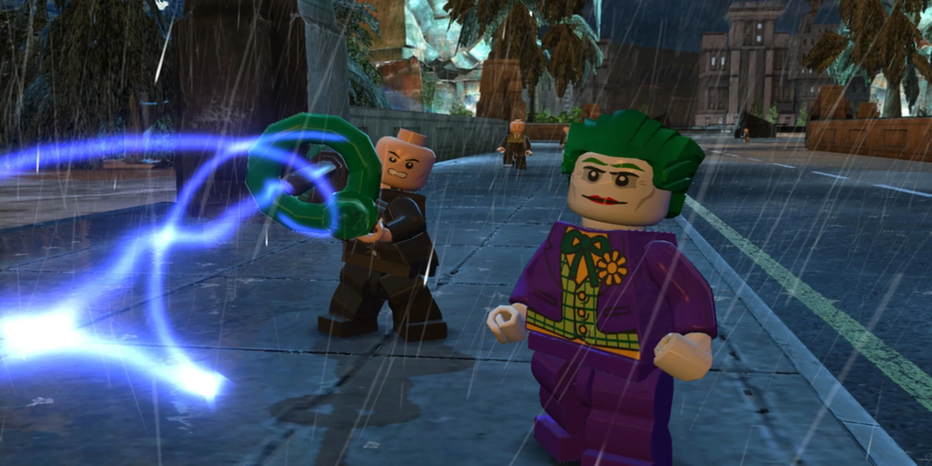 Joker và tay sai dùng súng laser trên phố trong Lego Batman 2 DC Super Heroes