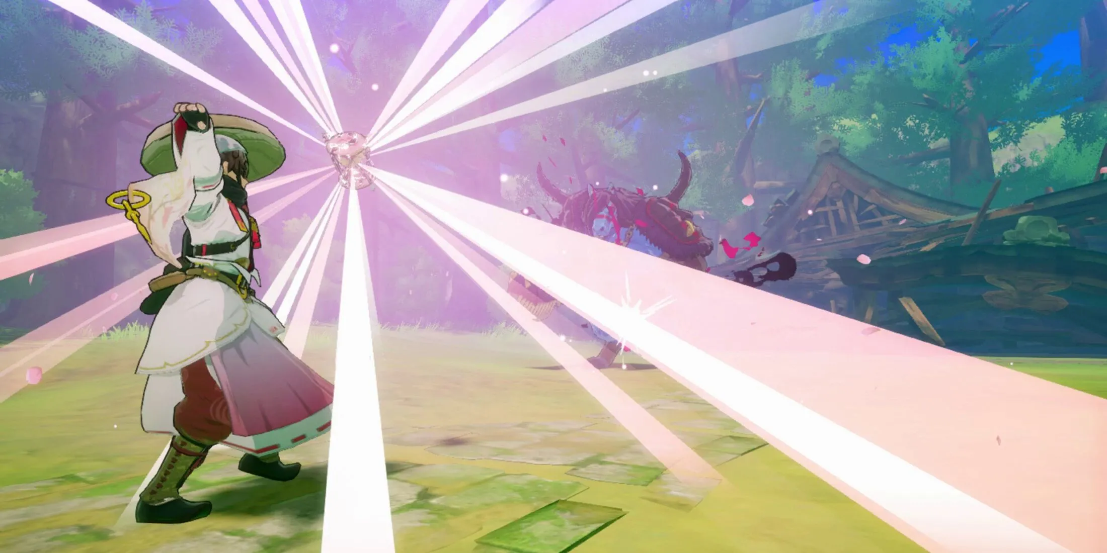 Khung cảnh rộng lớn của một thị trấn được tái thiết trong Rune Factory Guardians of Azuma, thể hiện thành quả đầu tư xây dựng