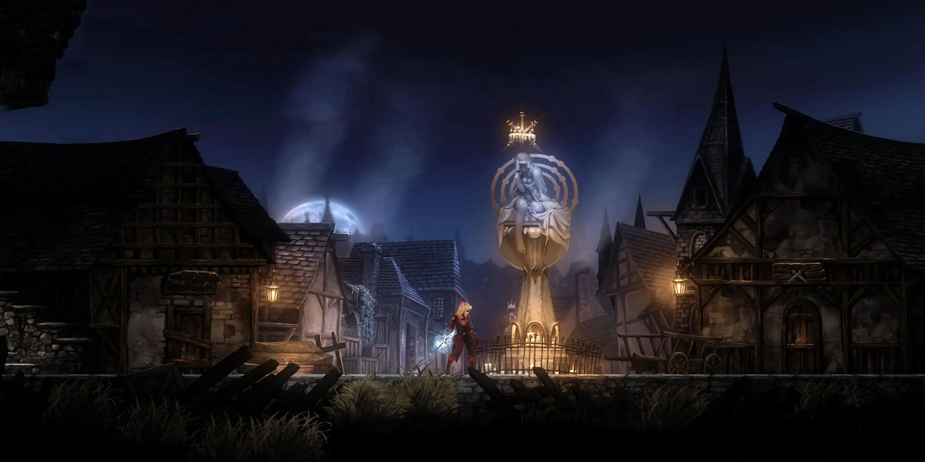 Leila đứng cạnh đài phun nước trong một thị trấn hoang tàn, thể hiện không khí u ám của Vigil The Longest Night
