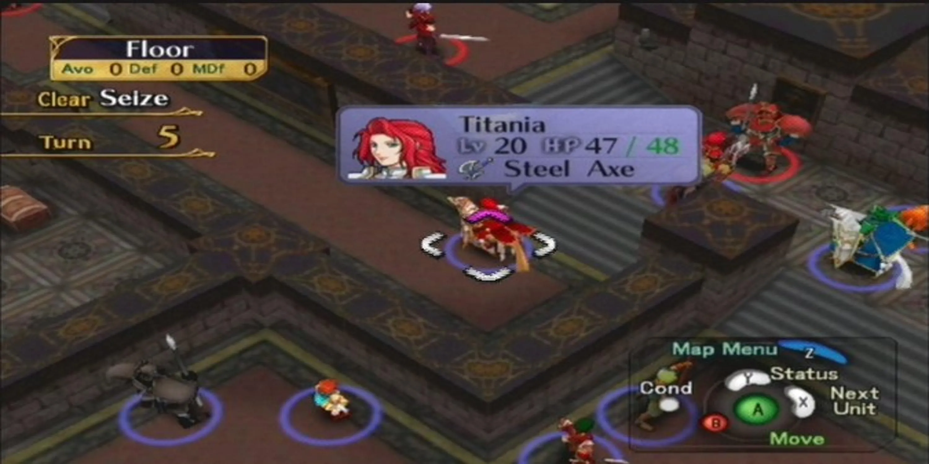 Lối chơi chiến thuật theo lượt trong Fire Emblem Path of Radiance, hiển thị bản đồ và các đơn vị