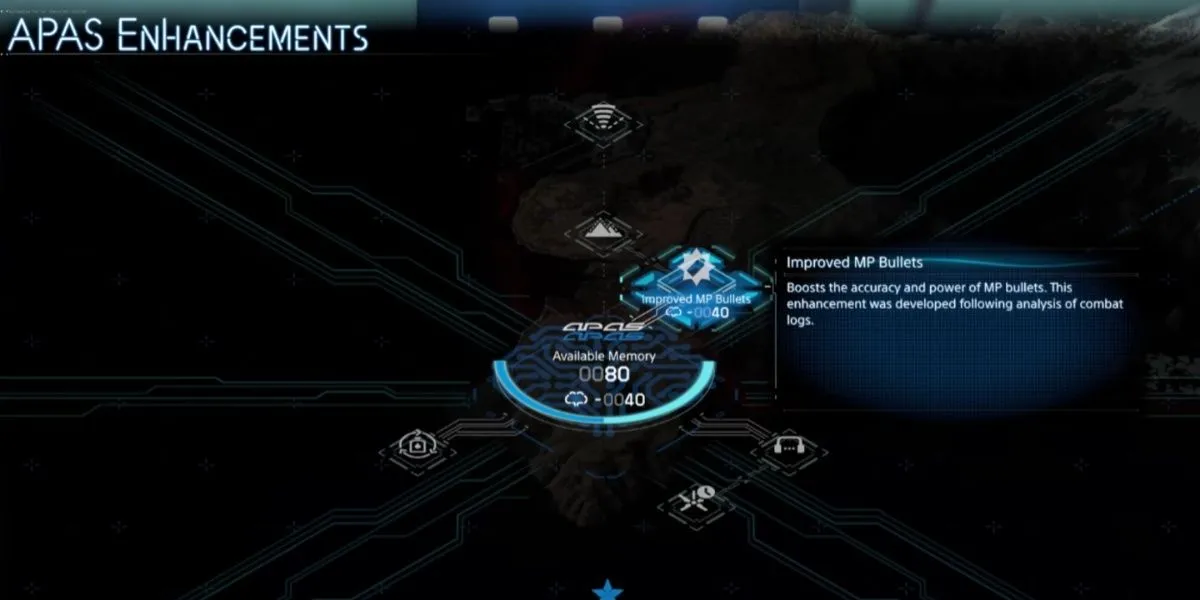 Màn hình HUD hiển thị hiệu ứng kỹ năng Improved MP Bullets, cải thiện độ chính xác và sát thương của đạn súng trong Death Stranding 2.