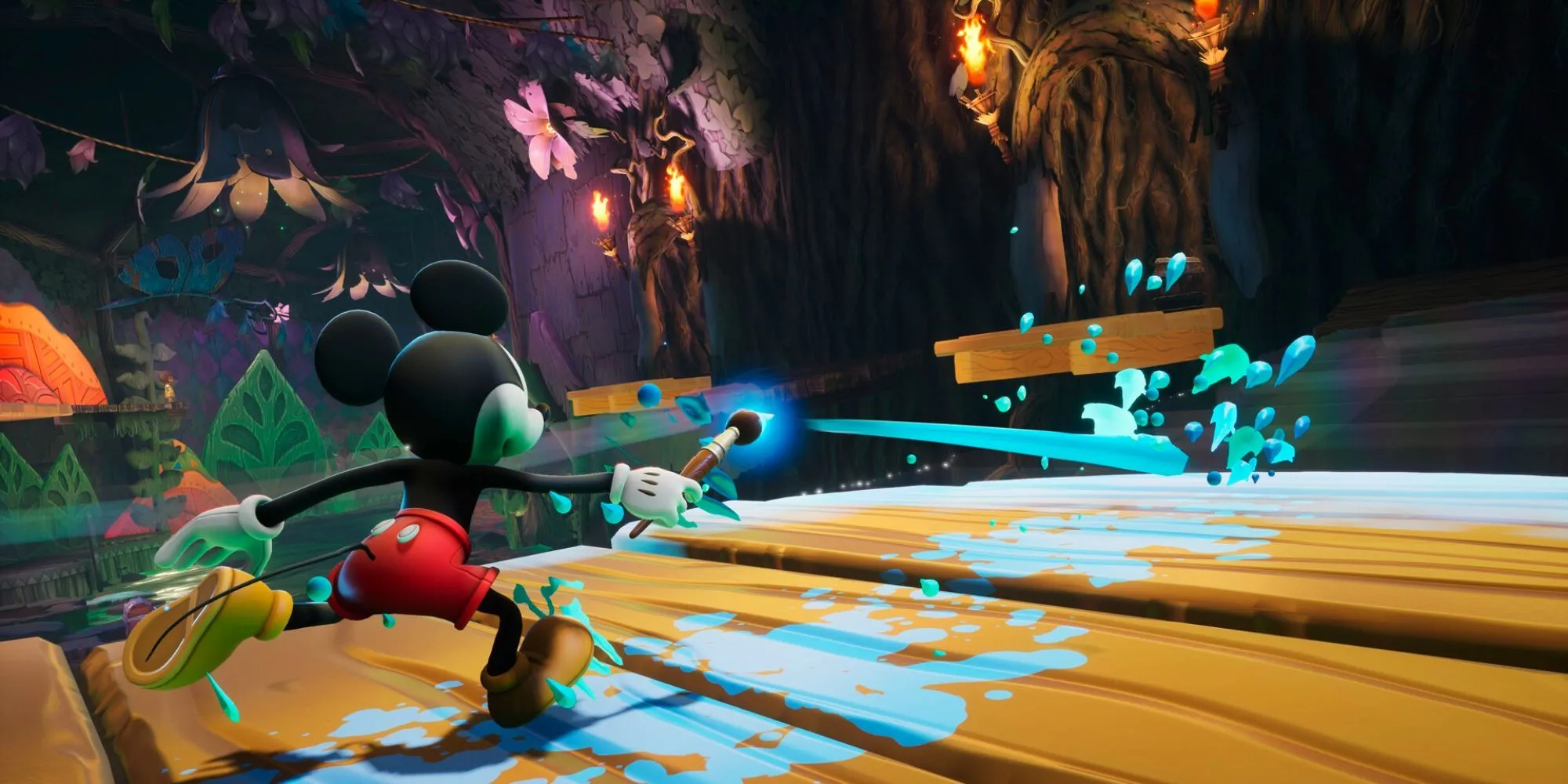Mickey Chuột trong game Epic Mickey Rebrushed với phong cách platformer 3D, Wasteland tối tăm.