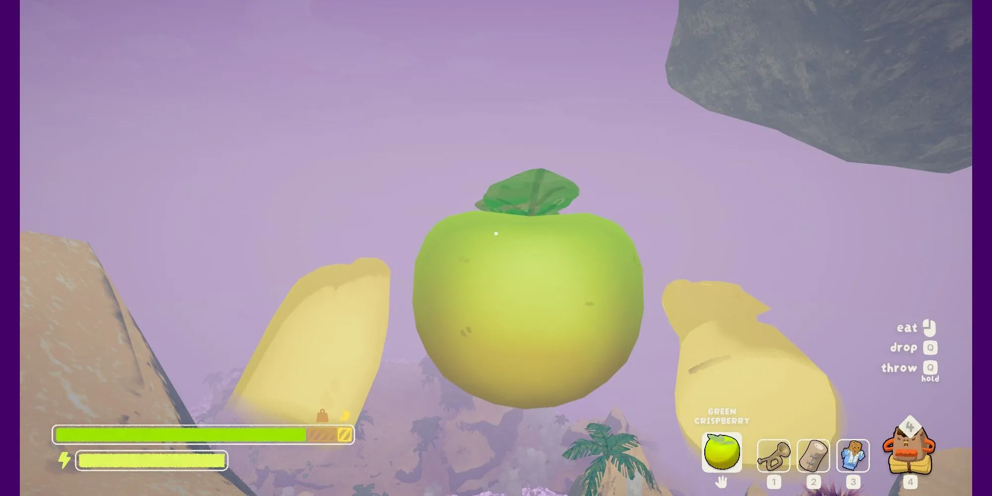 Minh họa vật phẩm hồi phục hoặc gây độc tiềm năng trong game PEAK, người chơi giữ Green Crispberry.