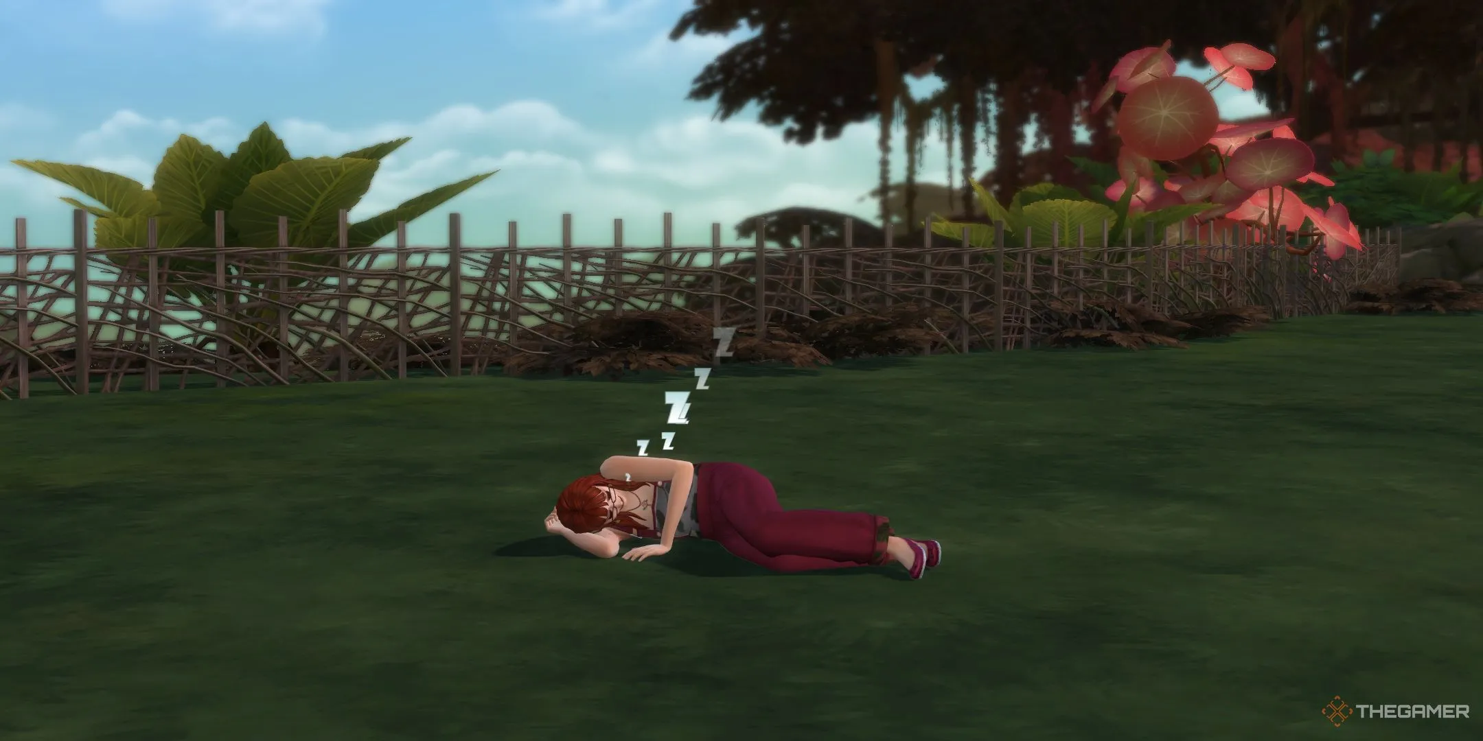 Một Sim đang ngủ dưới sàn trong The Sims 4 Enchanted By Nature.