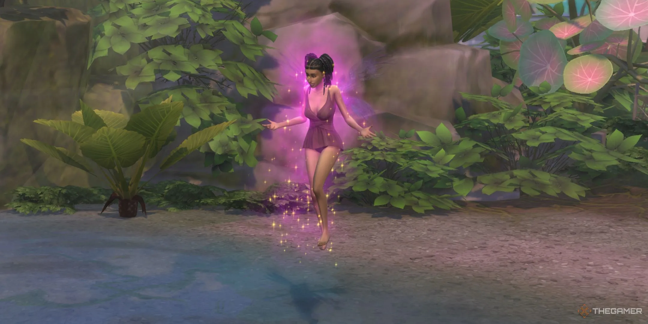 Một Sim Tiên mọc cánh tại suối ánh trăng trong The Sims 4 Enchanted By Nature.