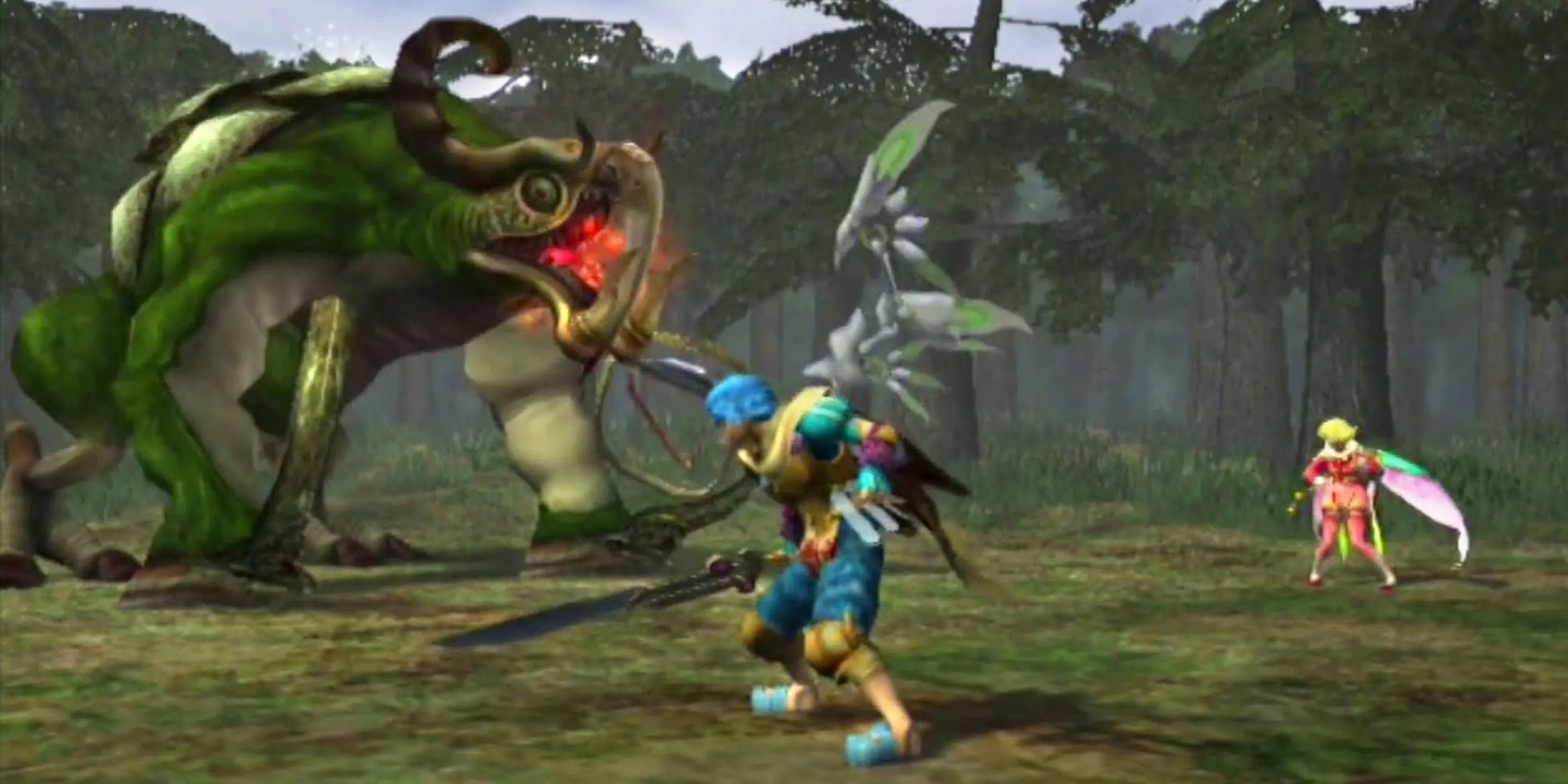 Một trận chiến với quái vật trong Baten Kaitos Eternal Wings and the Lost Ocean, minh họa hệ thống chiến đấu thẻ bài độc đáo và đồ họa đẹp mắt