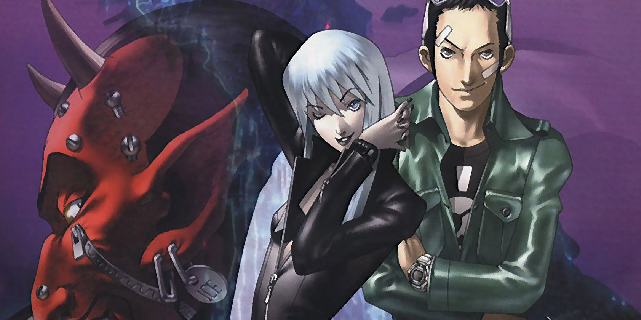 Nemissa và nhân vật chính trong Soul Hackers, với một con demon ở hậu cảnh