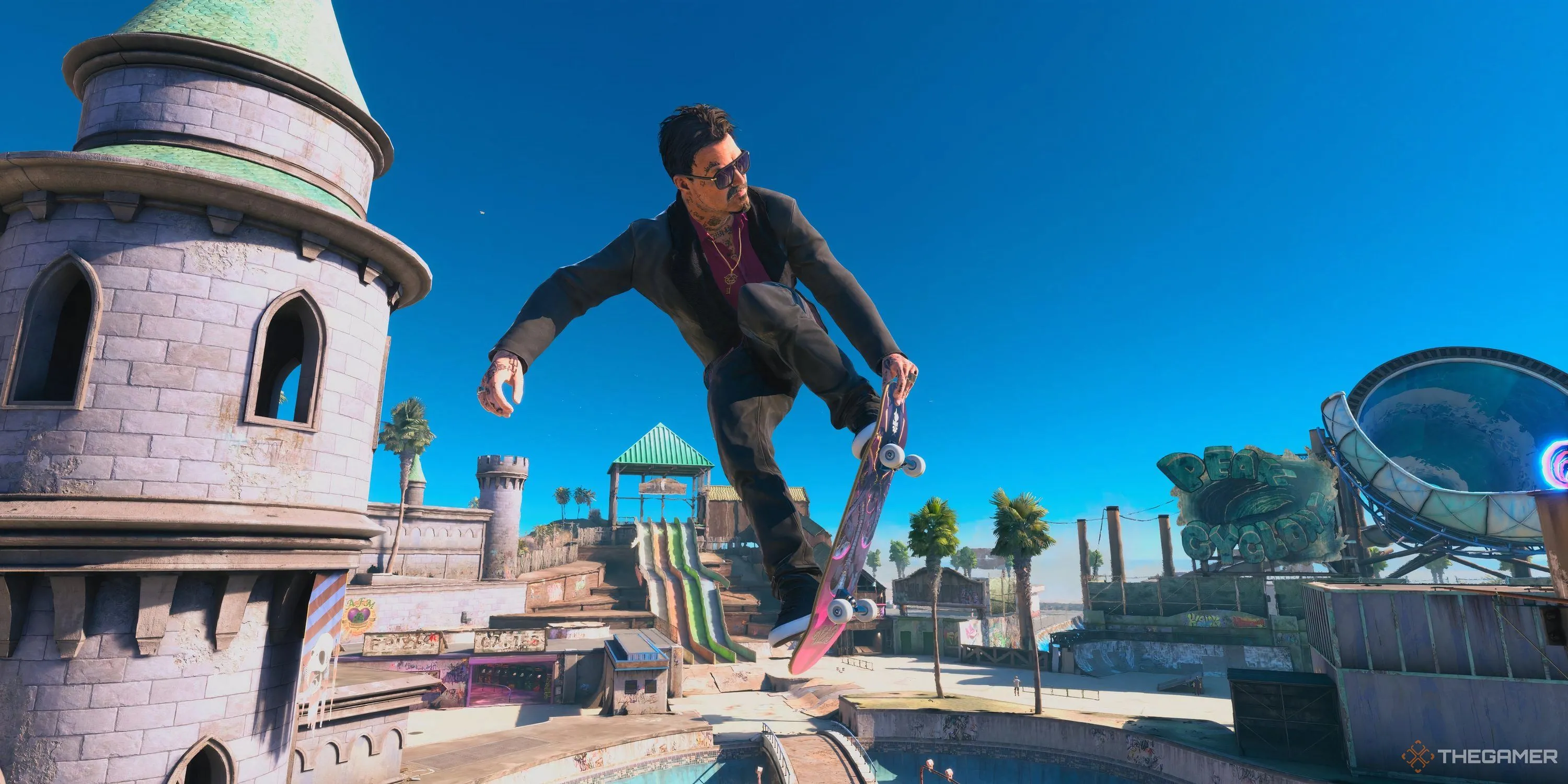 Ngôi sao trượt ván Bam Margera thực hiện động tác nosegrab tại màn chơi Waterpark trong Tony Hawk's Pro Skater