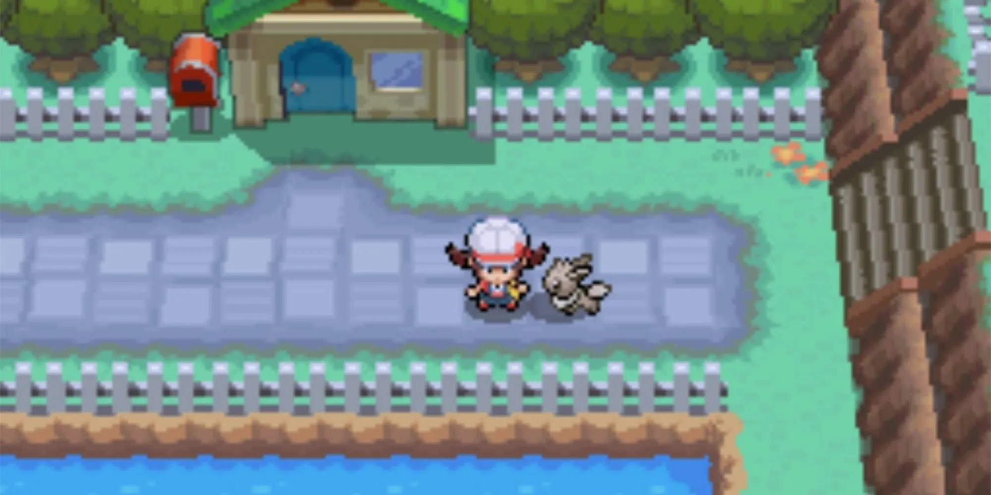 Người chơi đứng cùng Eevee trong Pokemon HeartGold, thể hiện yếu tố đồng hành và bắt Pokemon đặc trưng