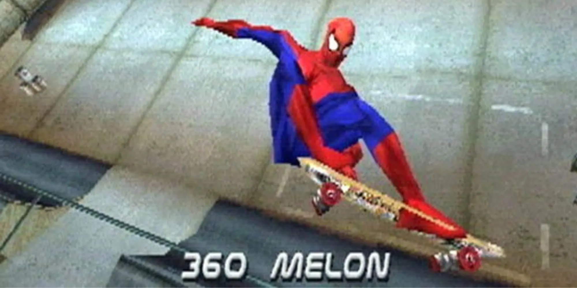 Người Nhện Spider-Man thực hiện cú grab trick ngoạn mục trên half-pipe trong Tony Hawk's Pro Skater 2