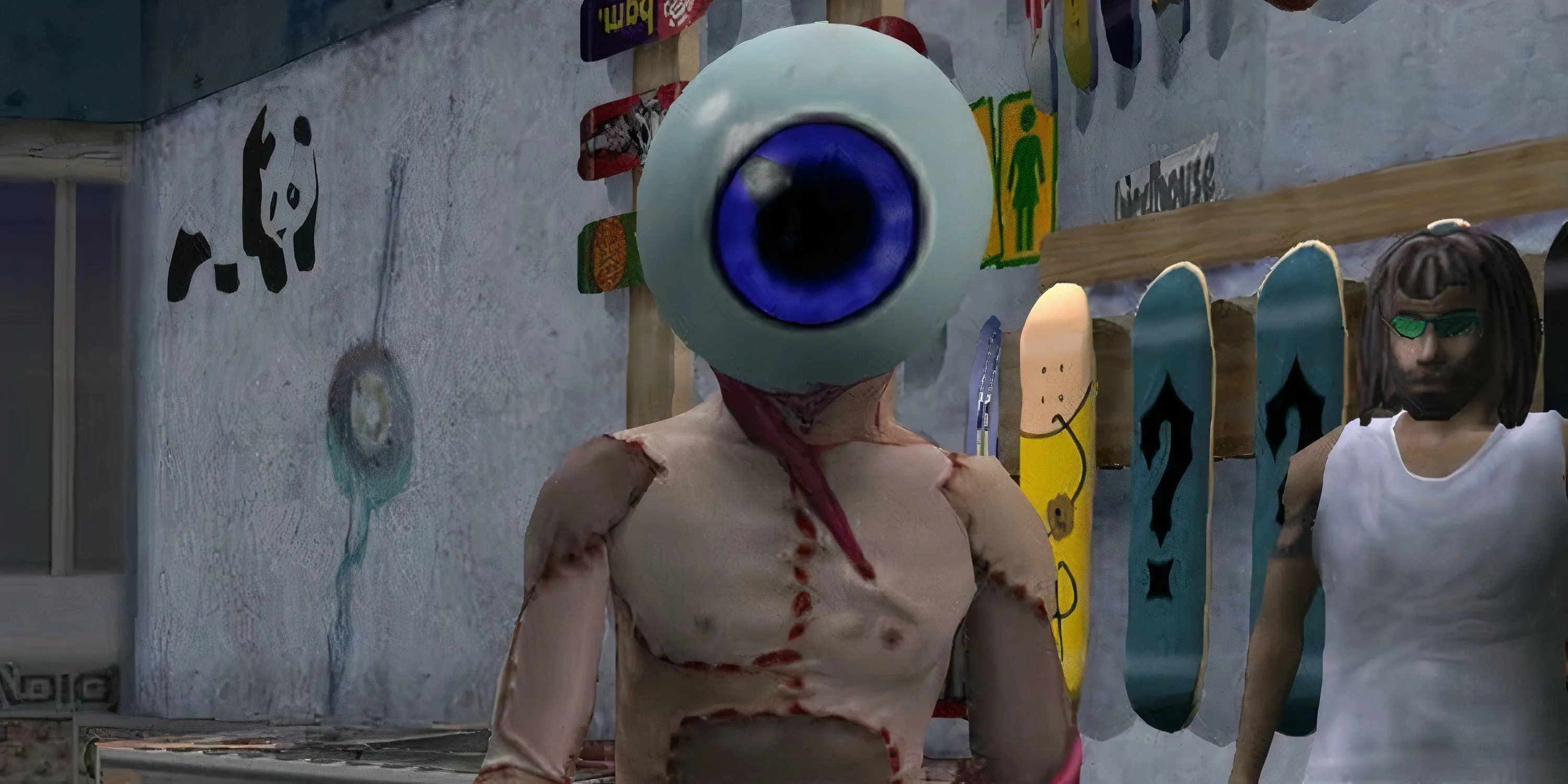 Nhân vật bí mật Neversoft Eyeball đứng trong cửa hàng skate shop của Tony Hawk's Pro Skater 3