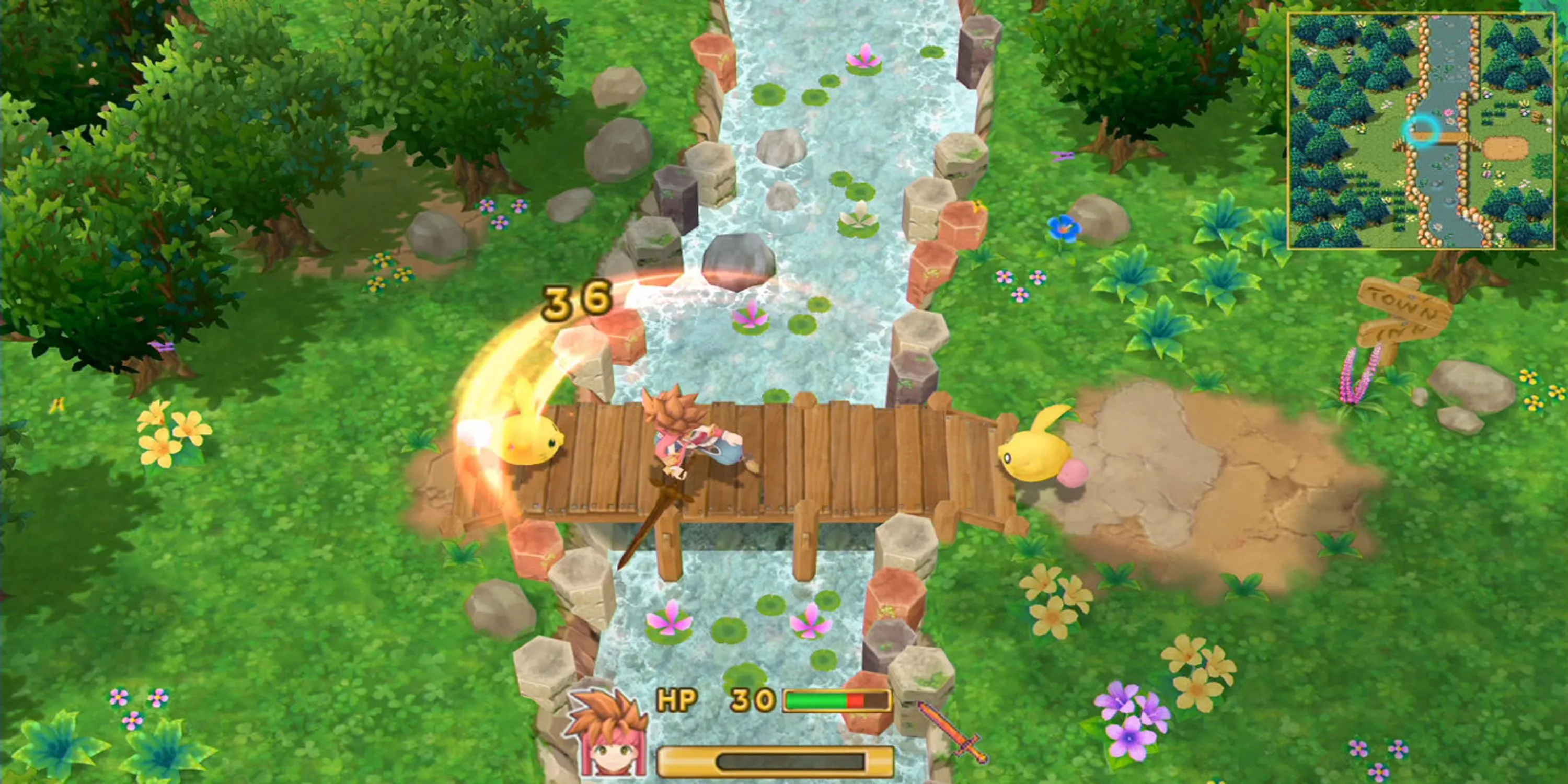 Nhân vật cầm kiếm tấn công kẻ thù trong Secret of Mana, minh họa lối chơi hành động thời gian thực đơn giản
