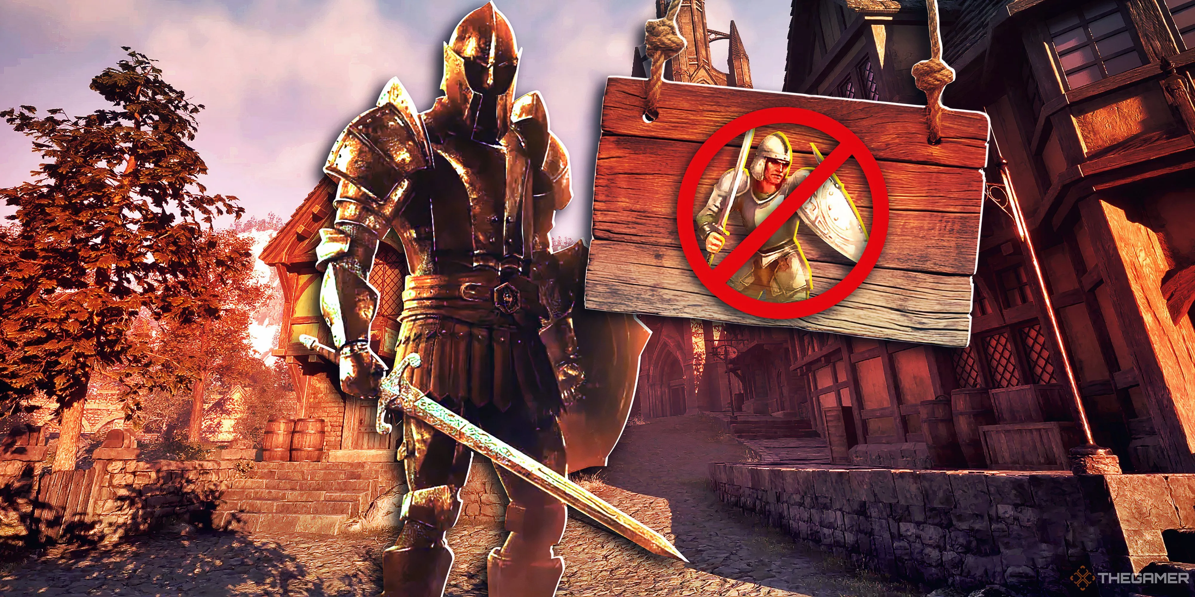Nhân vật chính đứng cạnh một tấm biển chỉ đường trong thế giới mở của Oblivion Remastered.