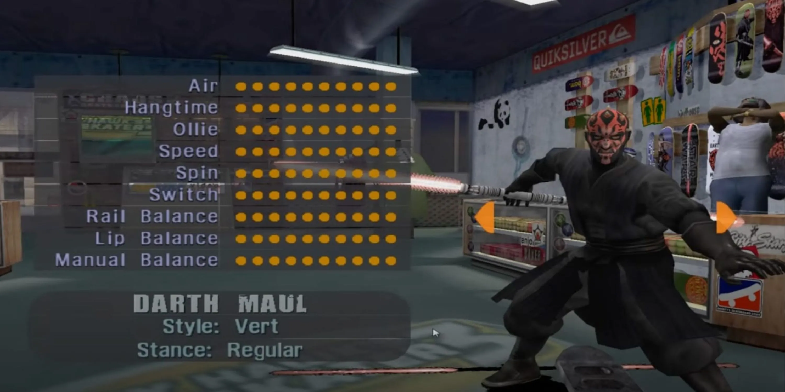 Nhân vật Darth Maul đứng cạnh bảng chỉ số trong skate shop của Tony Hawk's Pro Skater 3