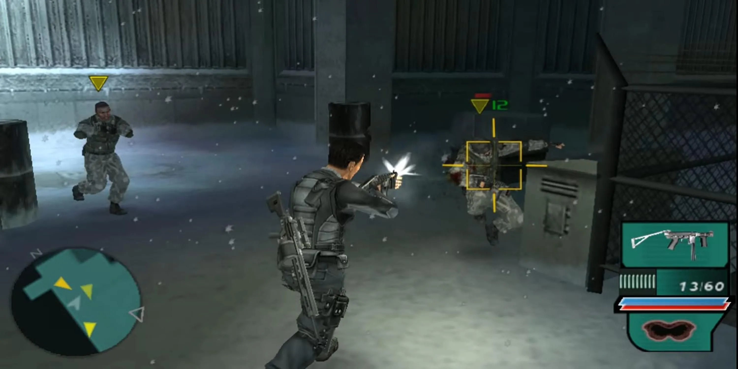 Nhân vật Gabe Logan thực hiện pha bắn súng căng thẳng trong Syphon Filter Dark Mirror trên PSP, thể hiện khả năng tái hiện hành động ấn tượng