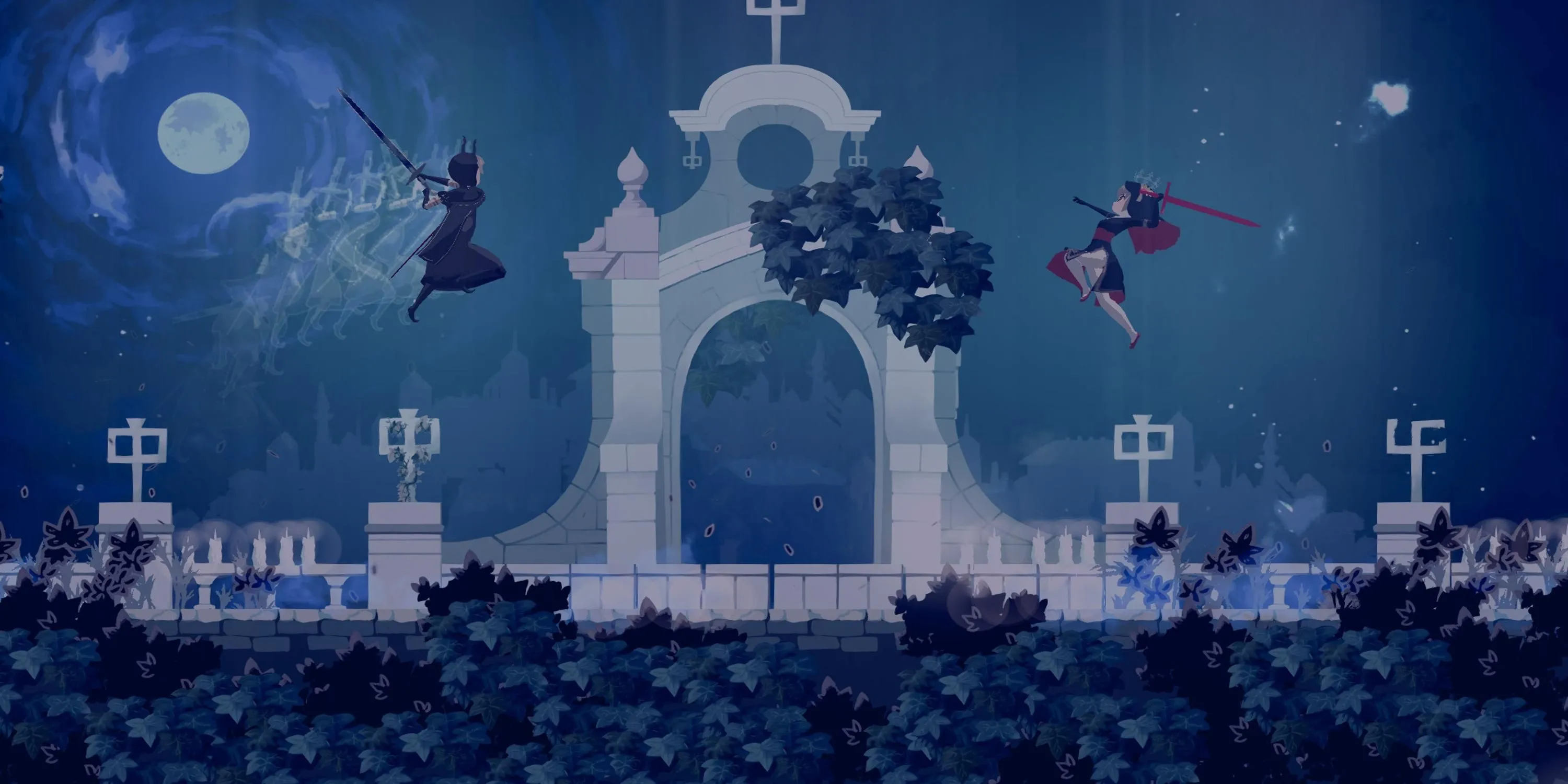 Nhân vật Sister Semilla trong game Minoria sử dụng kiếm và phép thuật để tấn công kẻ thù trong một pha hành động trên không