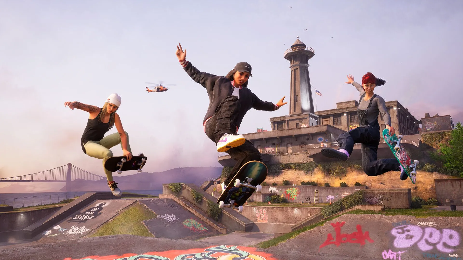 Nhân vật Tony Hawk's Pro Skater đang thực hiện trick trên một đoạn đường dốc