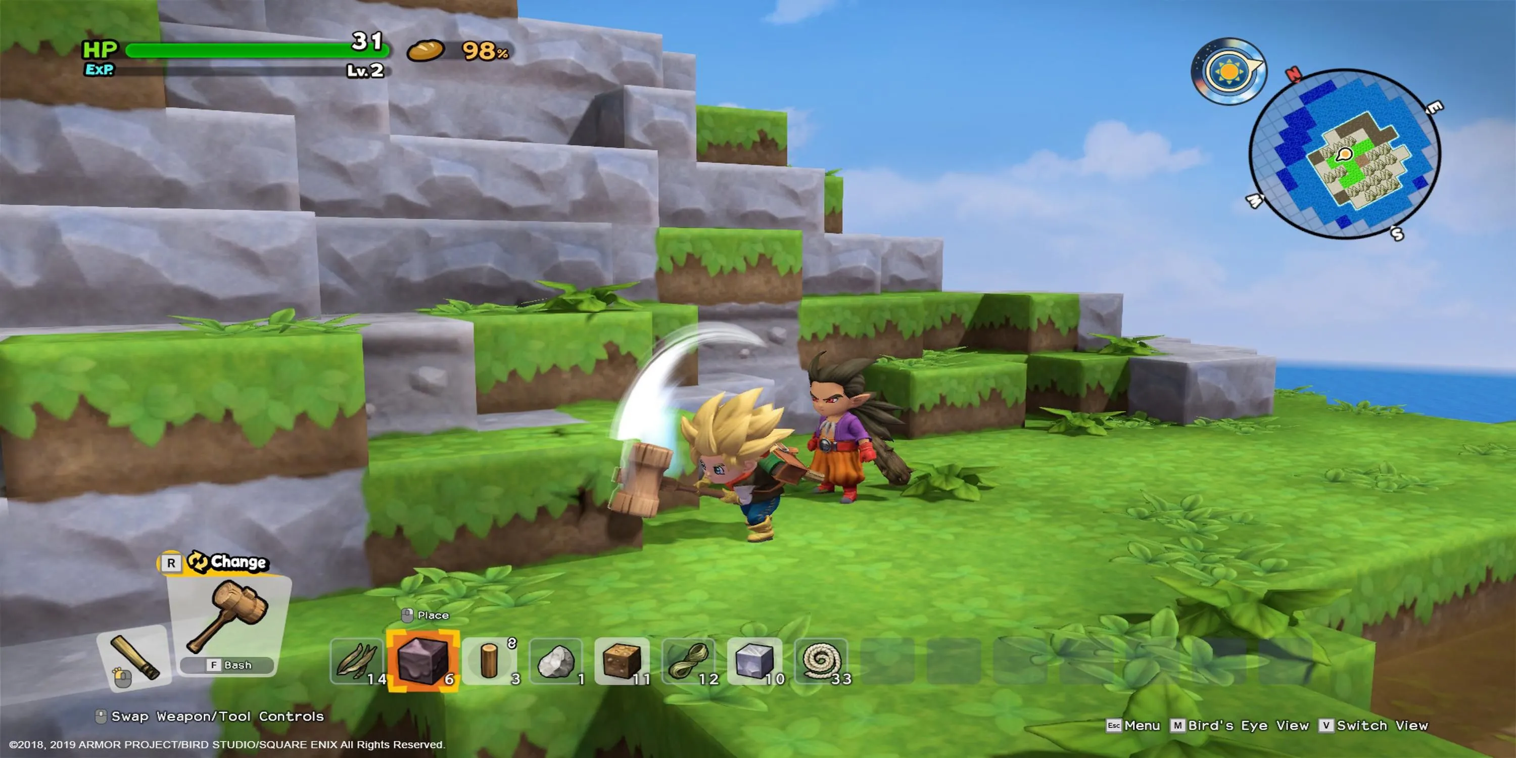 Nhân vật vung búa vào một khối trong Dragon Quest Builders 2, thể hiện cơ chế xây dựng và khai thác tài nguyên cốt lõi của game