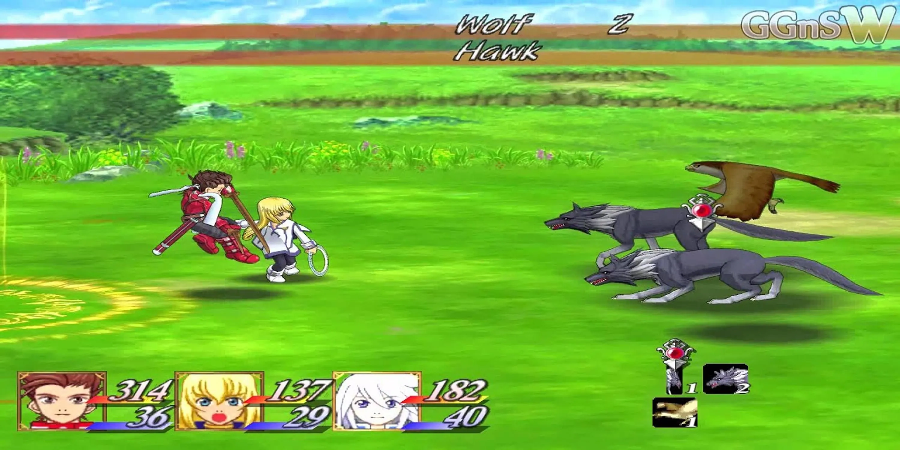 Nhóm nhân vật Tales of Symphonia chiến đấu với sói và chim ưng, làm nổi bật hệ thống Linear Motion Battle System