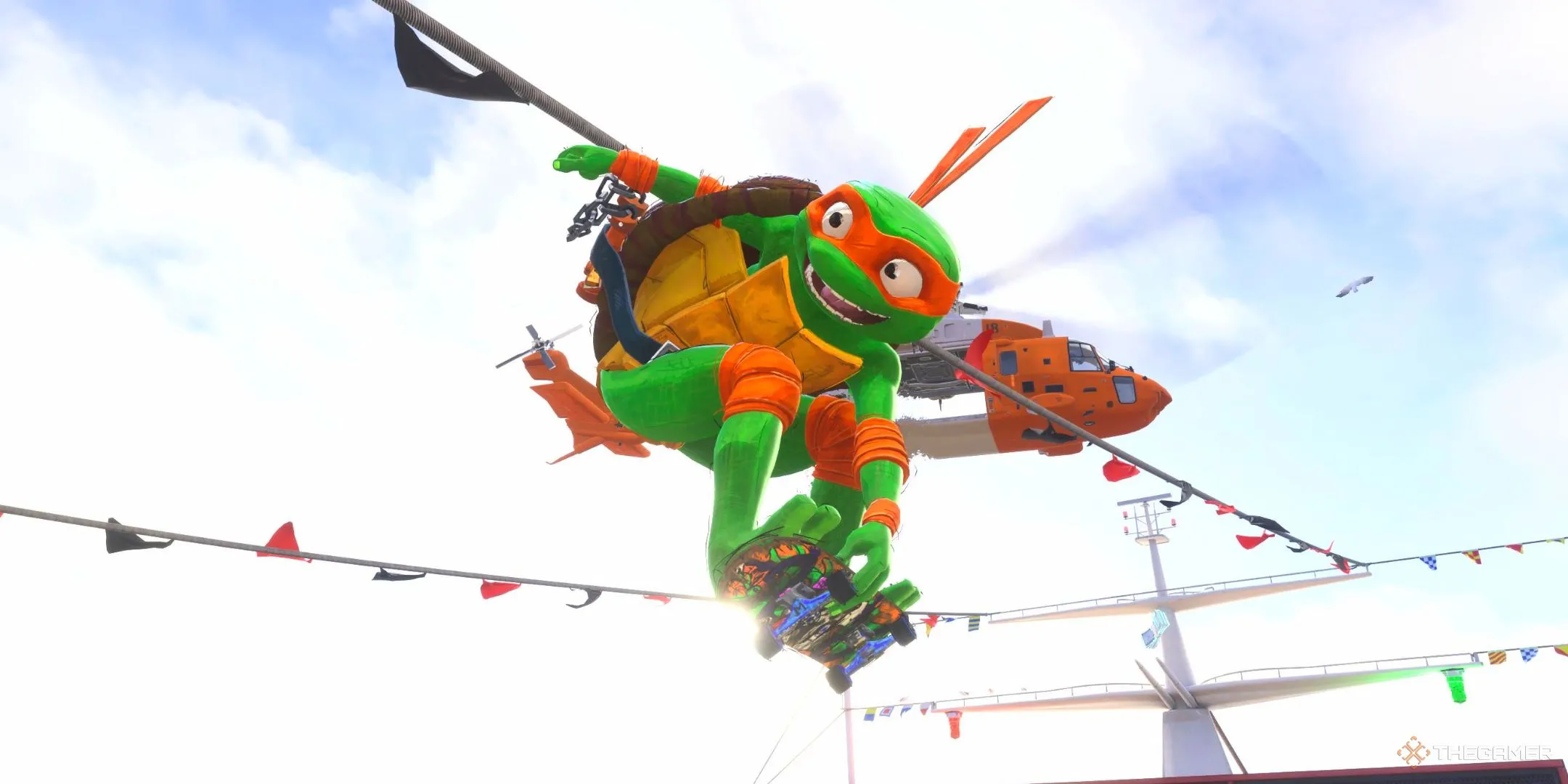Ninja Rùa Michelangelo thực hiện cú grab trick trên không trong Tony Hawk's Pro Skater 3+4