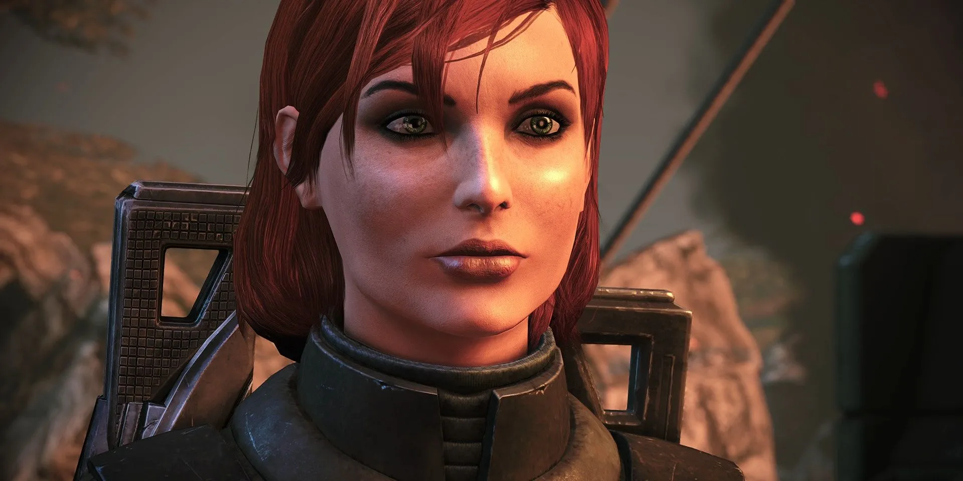 Nữ Commander Shepard cận cảnh trong Mass Effect Legendary Edition, thể hiện nhân vật chính game nhập vai.