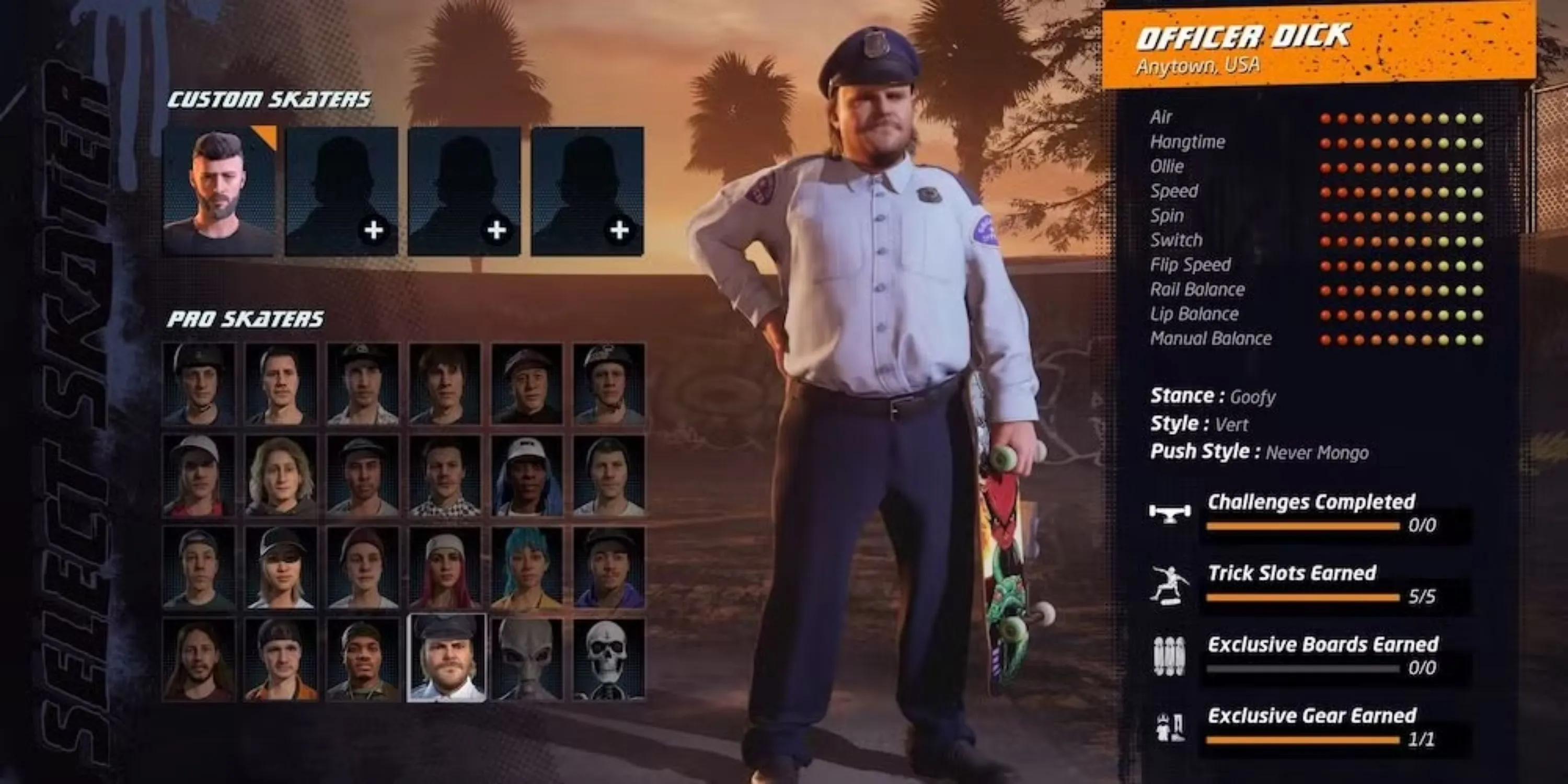 Officer Dick xuất hiện trên màn hình chọn nhân vật của Tony Hawk's Pro Skater 1+2 Remake