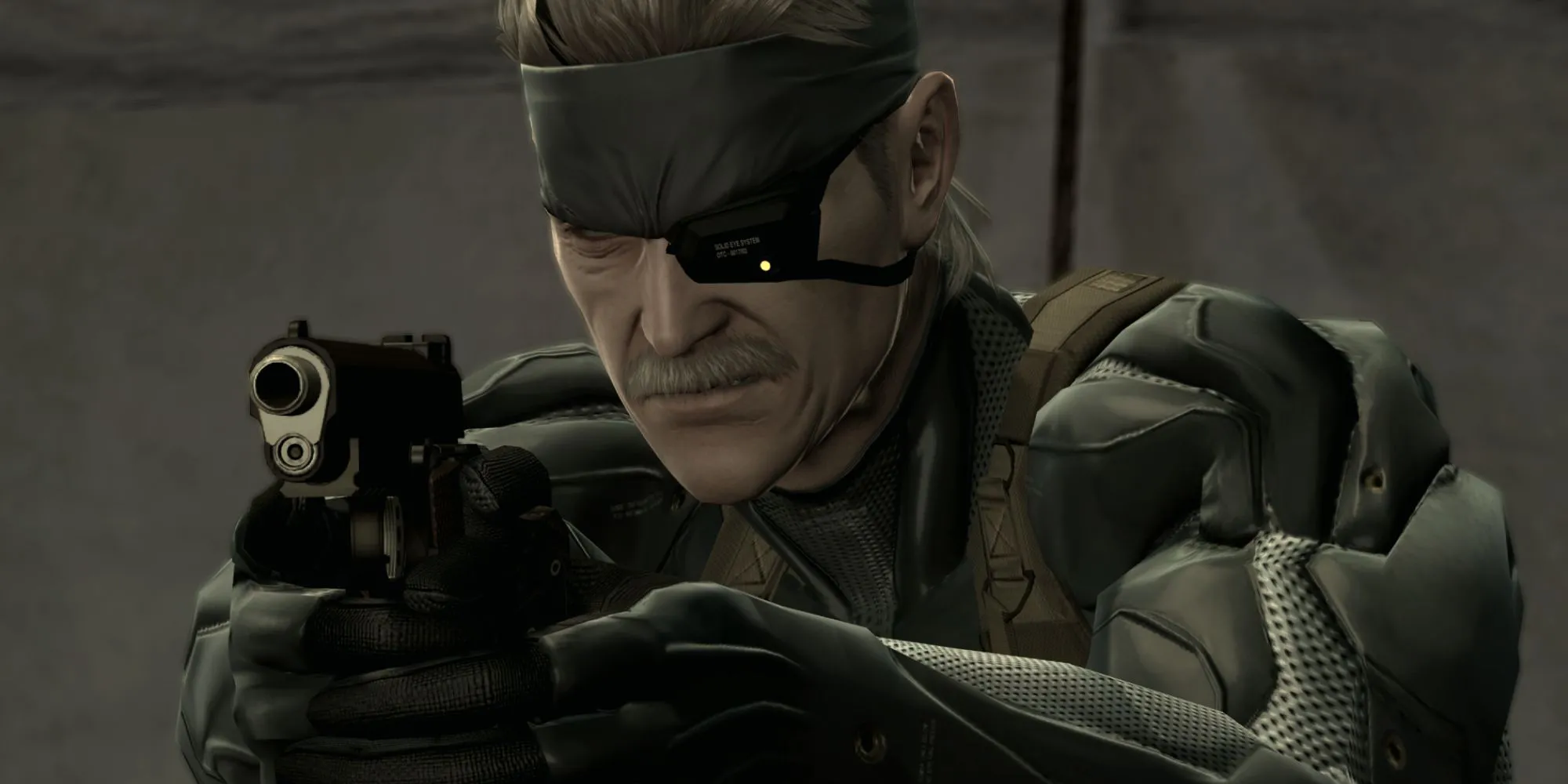Old Snake đang chĩa súng trong Metal Gear Solid 4: Guns of the Patriots, một cảnh phim (cutscene) quan trọng không nên bỏ lỡ.