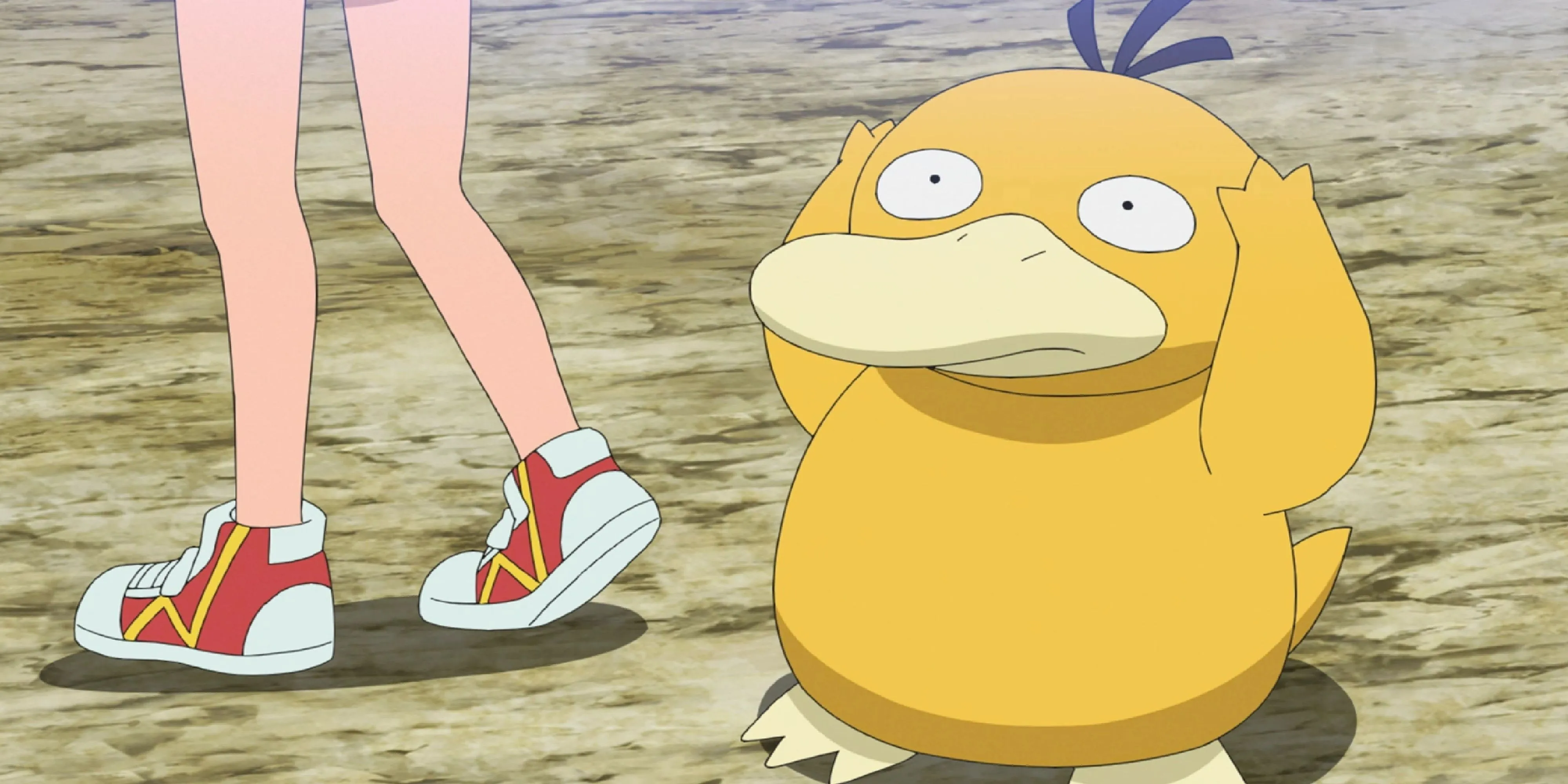 Psyduck đang ôm đầu với biểu cảm bối rối trong một cảnh anime Pokemon, thể hiện tính cách đặc trưng của Pokemon này.
