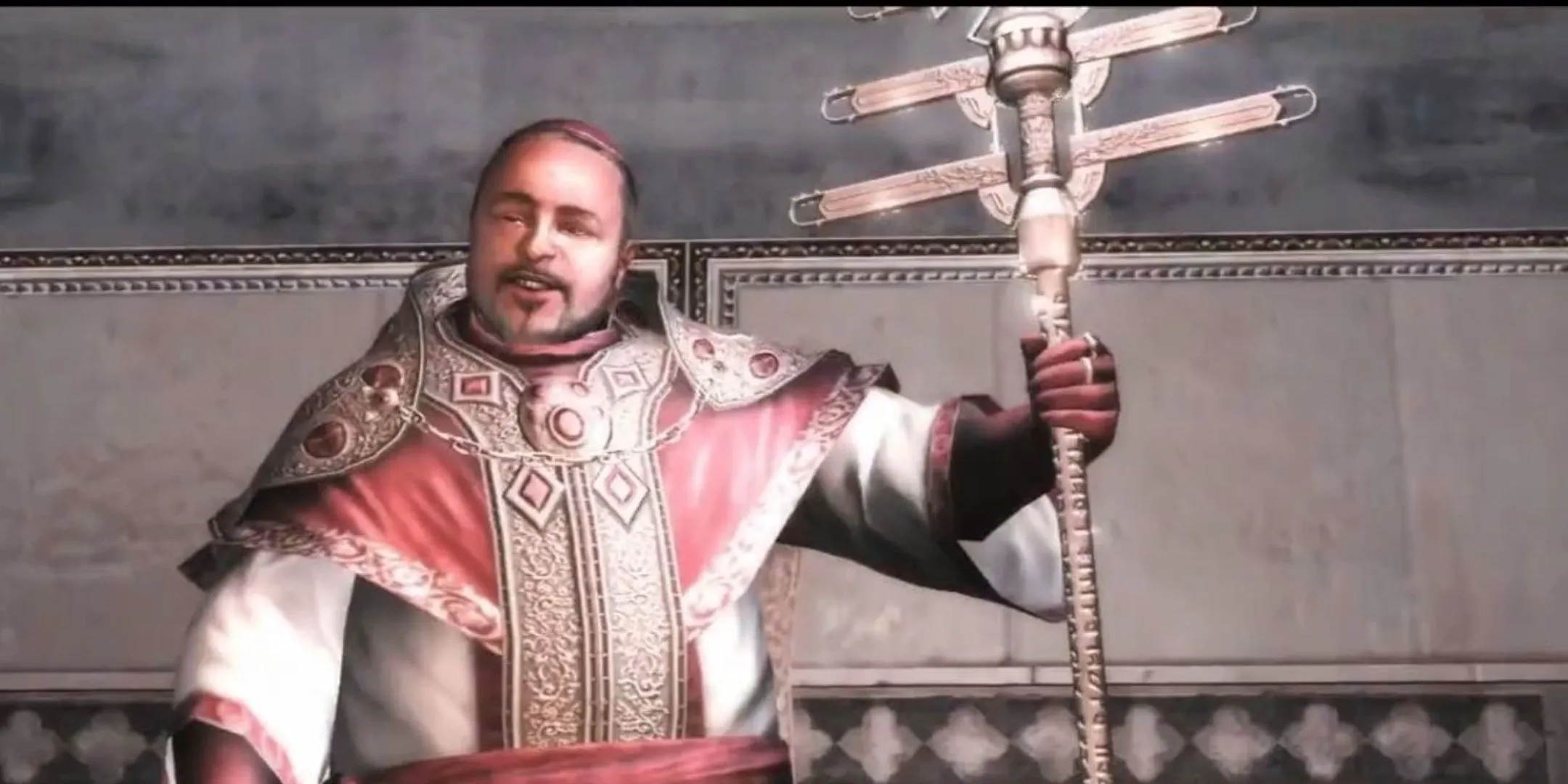 Rodrigo Borgia, Giáo hoàng cầm Quyền trượng Địa Đàng, trong trận đấu tay đôi cuối cùng của Assassin's Creed 2.