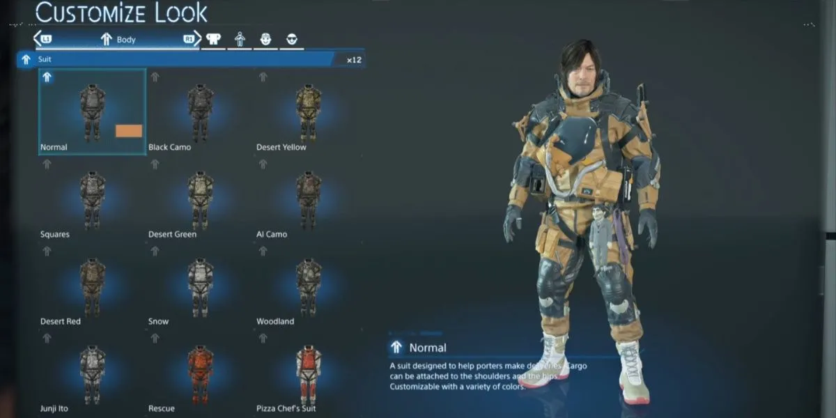 Sam Porter Bridges trong bộ đồ thường (Normal Suit) không có tính năng đặc biệt trong Death Stranding 2