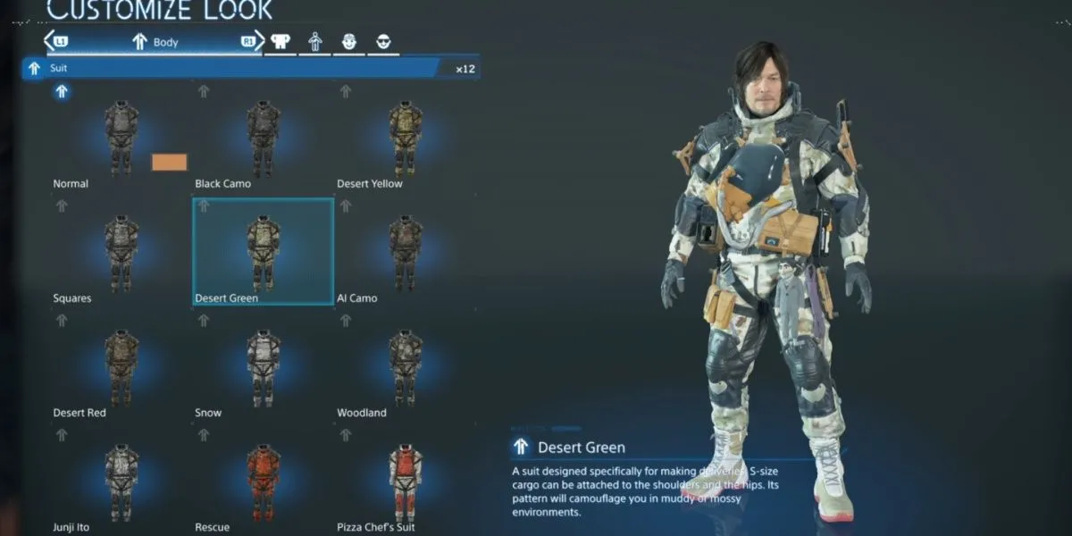 Sam Porter Bridges trong bộ đồ xanh sa mạc (Desert Green Suit) giúp ẩn mình trong môi trường rừng ẩm ướt của Death Stranding 2