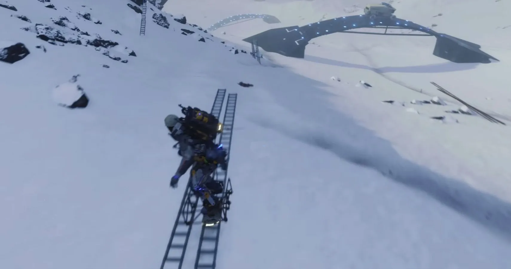 Sam Porter Bridges trượt ván trên tuyết trong Death Stranding, một hoạt động thú vị nhưng ít liên quan đến di chuyển đường dài.