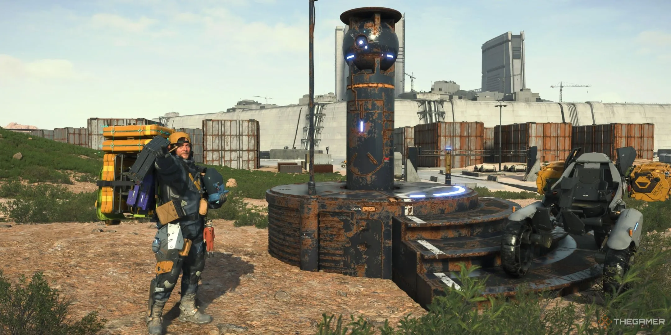 Sam Porter Bridges và BB pod trong thế giới hoang tàn của Death Stranding 2, nhấn mạnh hành trình đơn độc và sự kết nối.