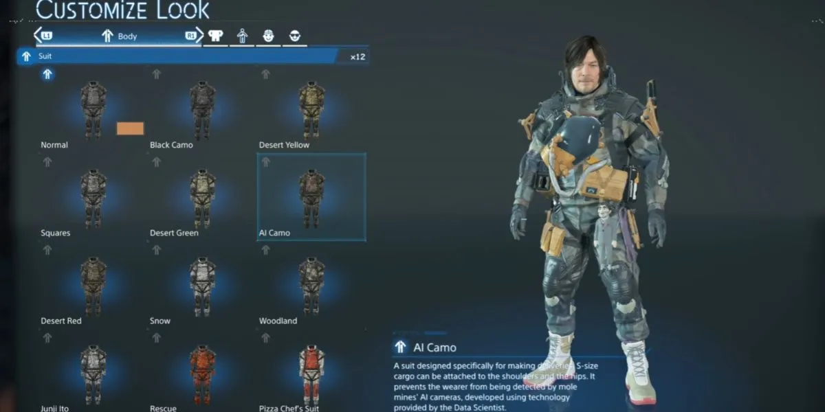 Sam Porter Bridges với bộ đồ AI Camo (AI Camo Suit) giúp vô hiệu hóa bẫy mìn hiệu quả nhất trong Death Stranding 2