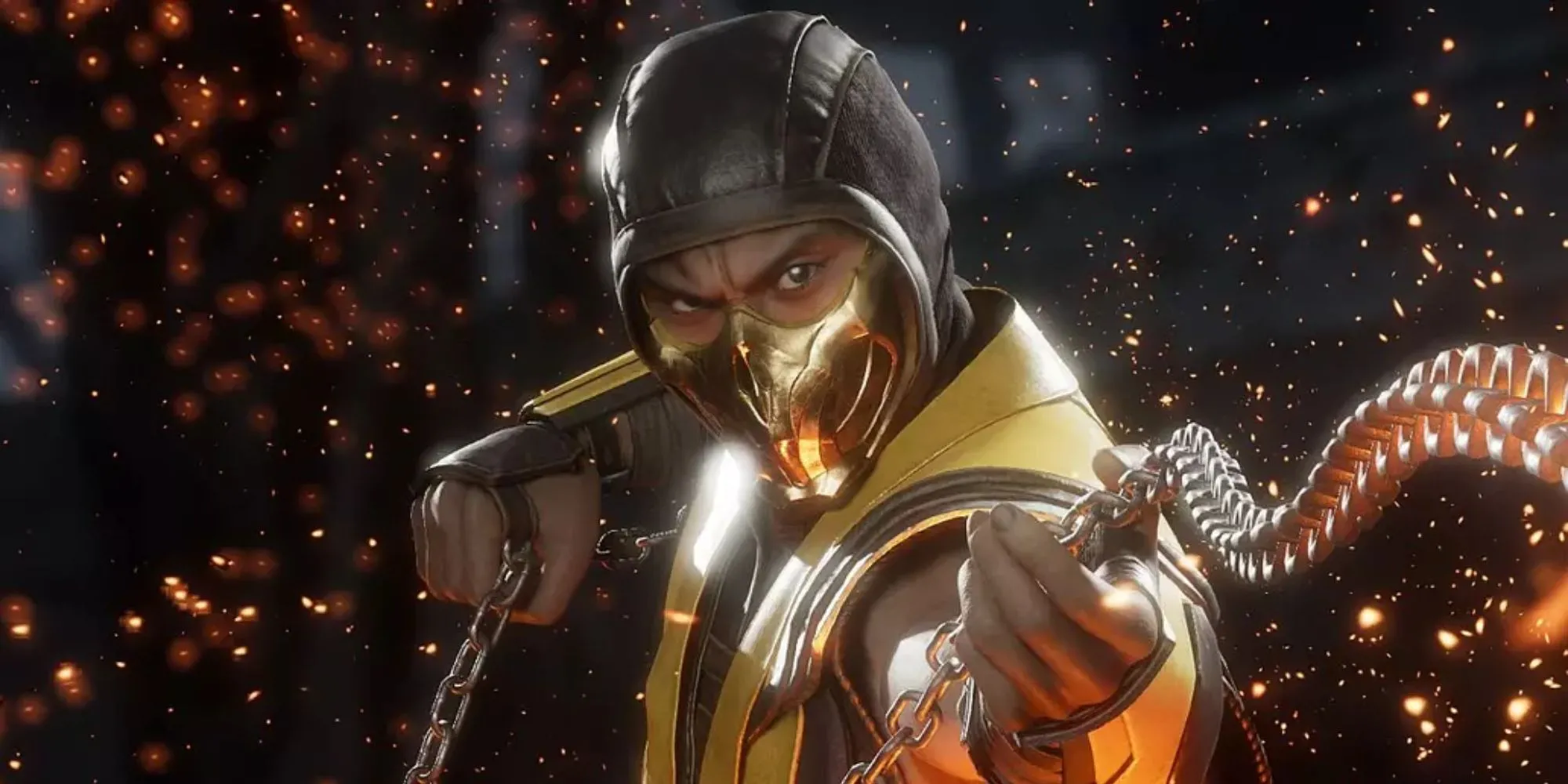Scorpion trong Mortal Kombat 11, sẵn sàng tung chiêu &quot;Get Over Here!&quot; đặc trưng.