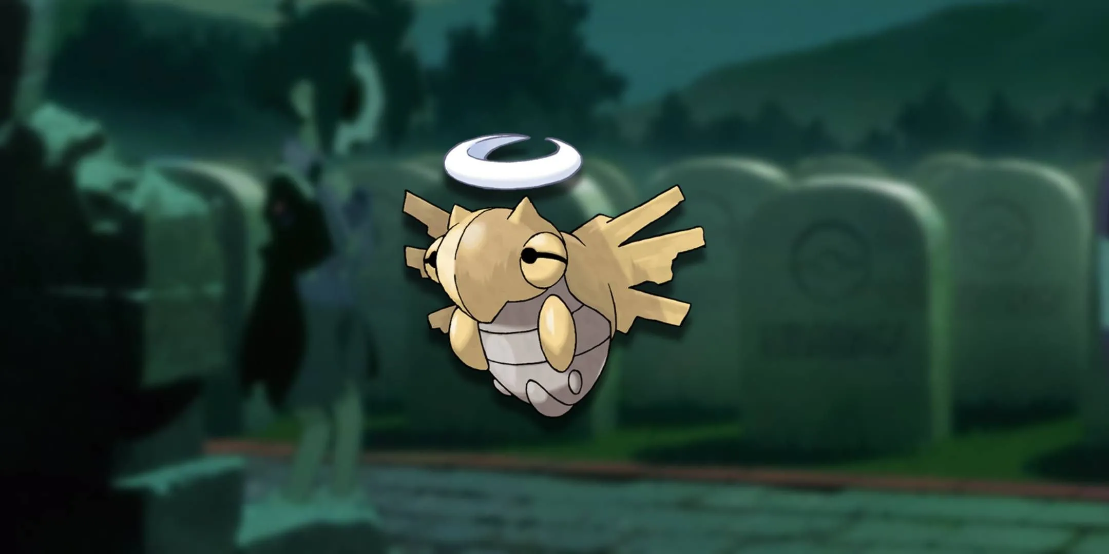 Shedinja lơ lửng giữa nghĩa trang đầy u ám, với đôi mắt rỗng tuếch, thể hiện sự bí ẩn và độc đáo của Pokemon hệ Bọ/Ma.
