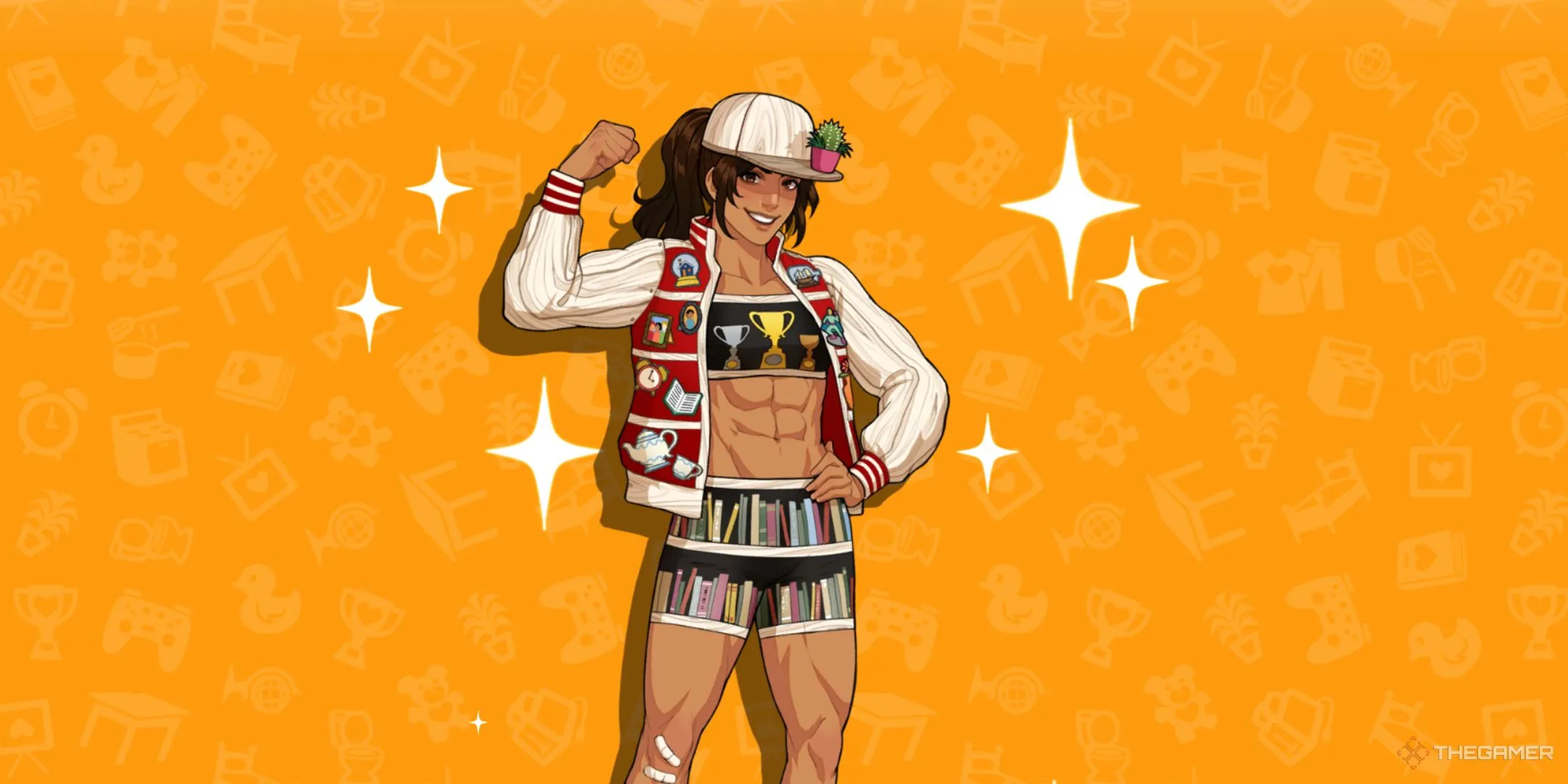 Shelly tạo dáng trên nền cam, hình ảnh minh họa cho game Date Everything!