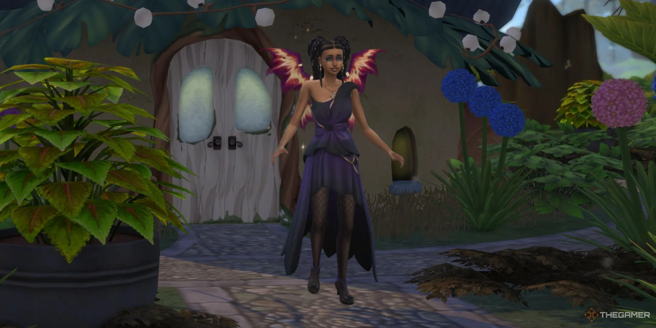 Sim bay lượn bên ngoài trung tâm Tiên Tộc tại Everdew trong The Sims 4 Enchanted By Nature.