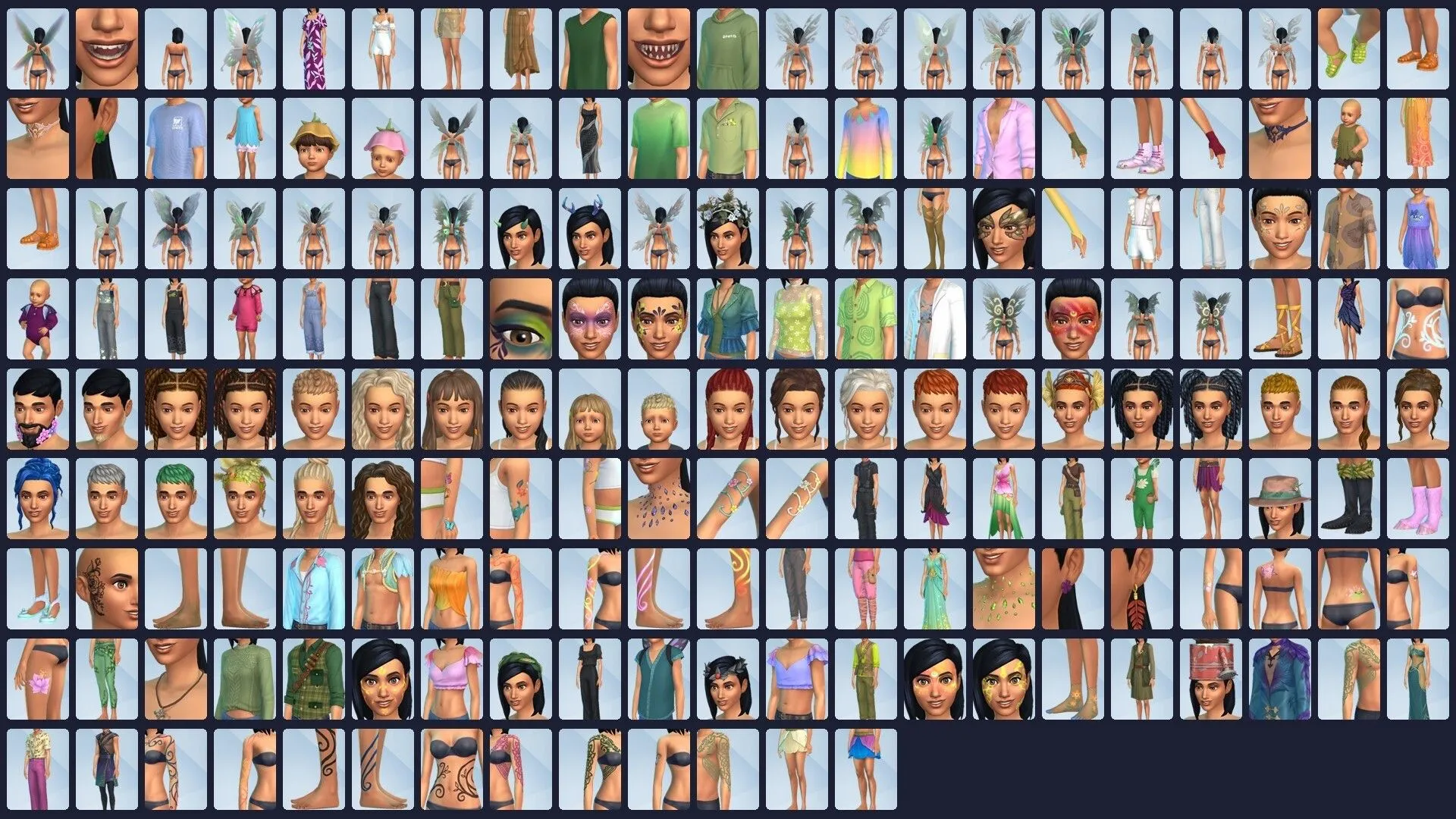 Tất cả vật phẩm trong Create-A-Sim của The Sims 4 Enchanted By Nature hiển thị dưới dạng các ô nhỏ.