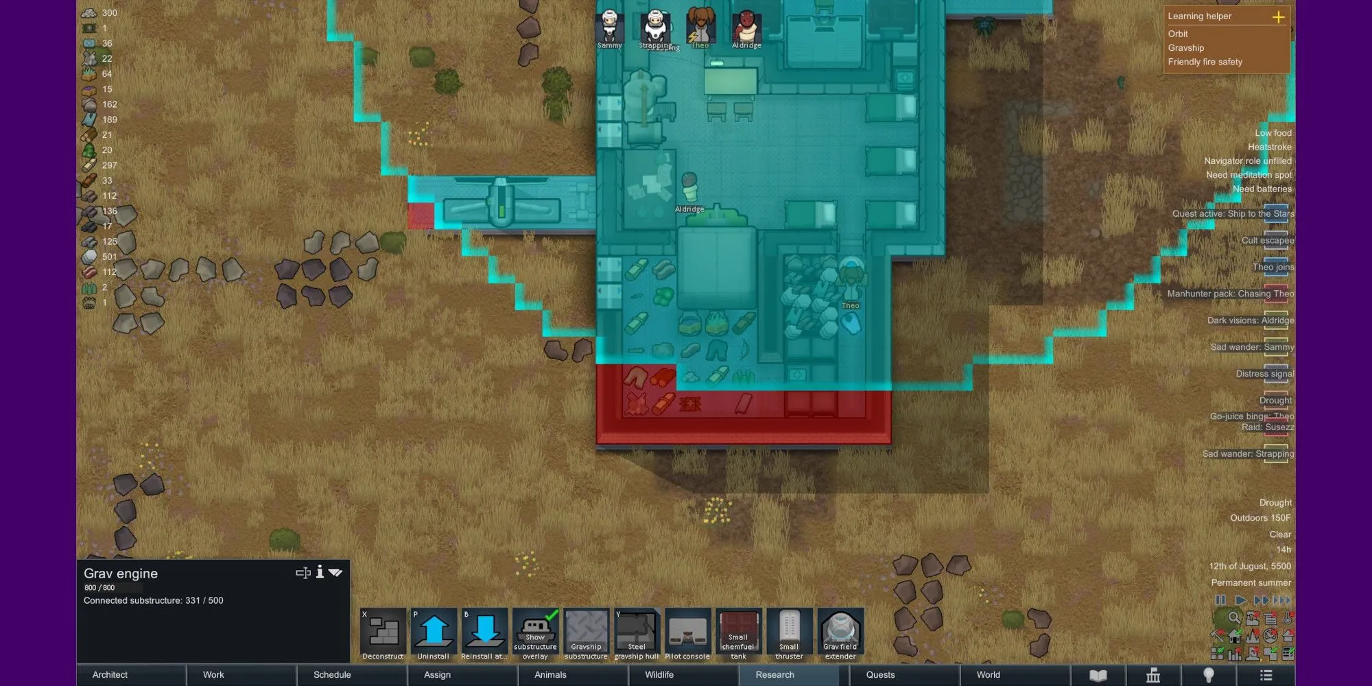 Tàu Gravship RimWorld Odyssey với cấu trúc phụ vượt quá trường trọng lực, minh họa việc thiết kế quá lớn gây lãng phí không gian