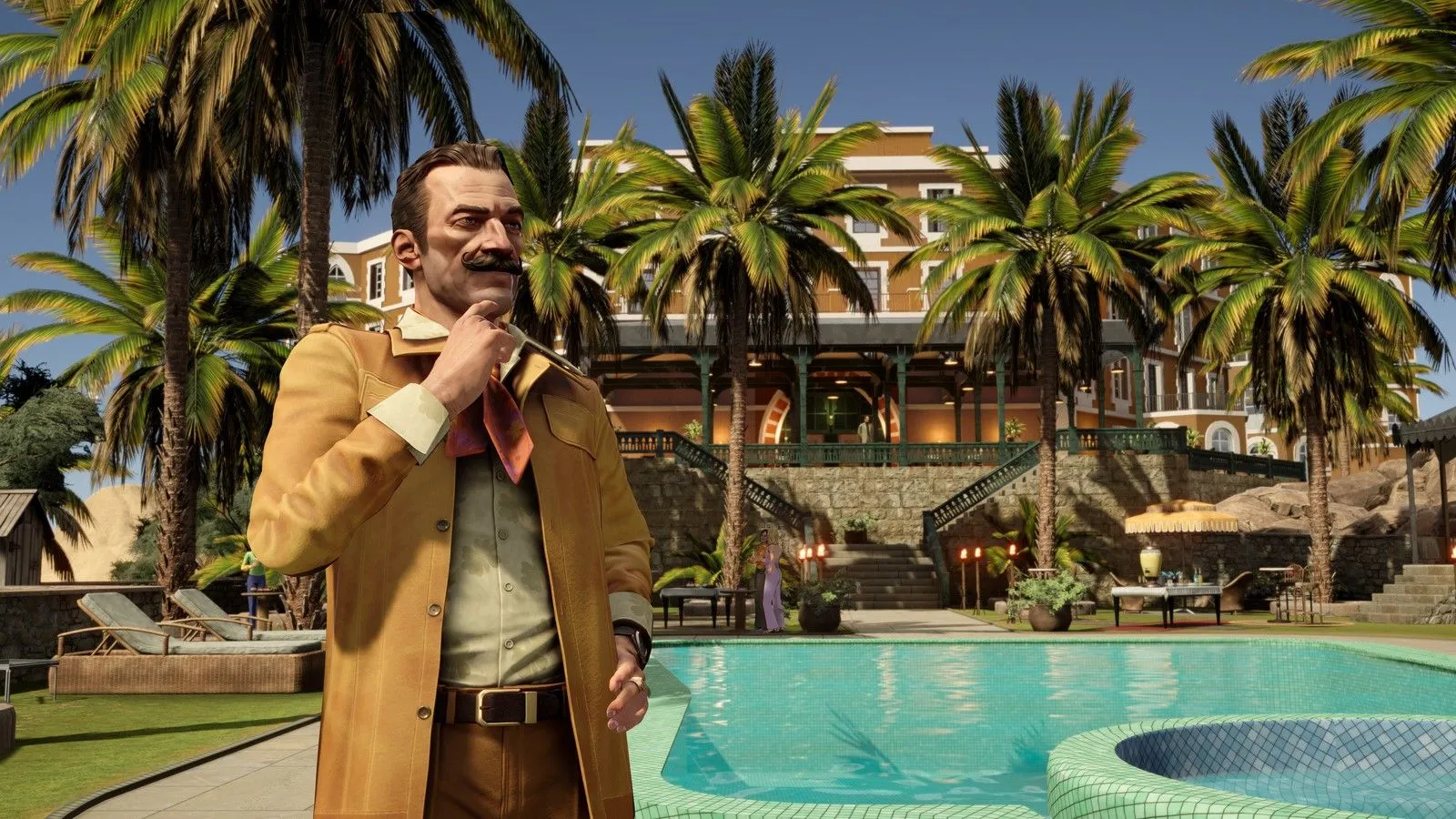 Thám tử Hercule Poirot trong game Agatha Christie Death on the Nile, đang điều tra bên hồ bơi