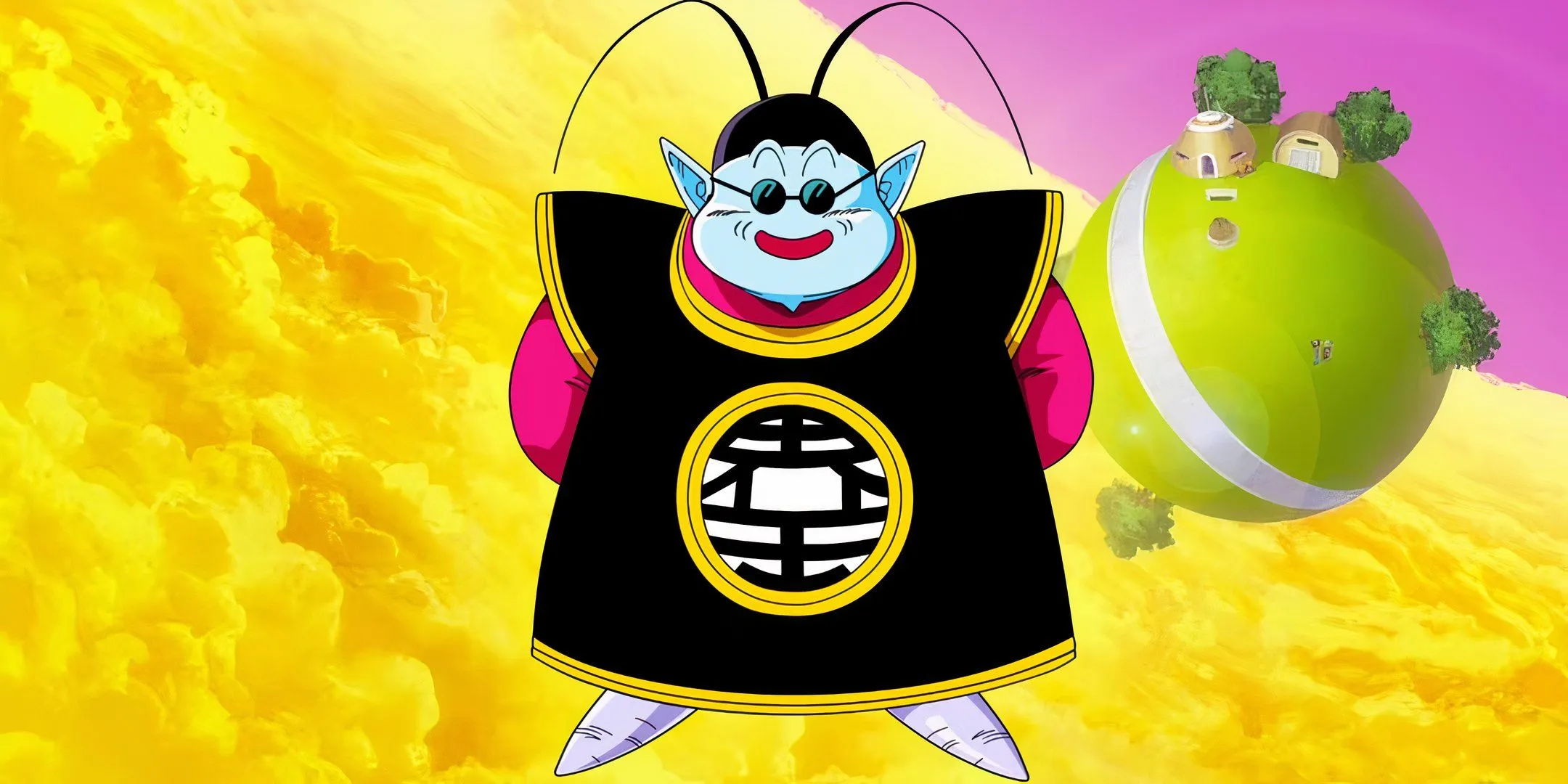 Thần Vũ Trụ King Kai mỉm cười đứng trước hành tinh của mình trong Dragon Ball Z, với bầu trời xanh.