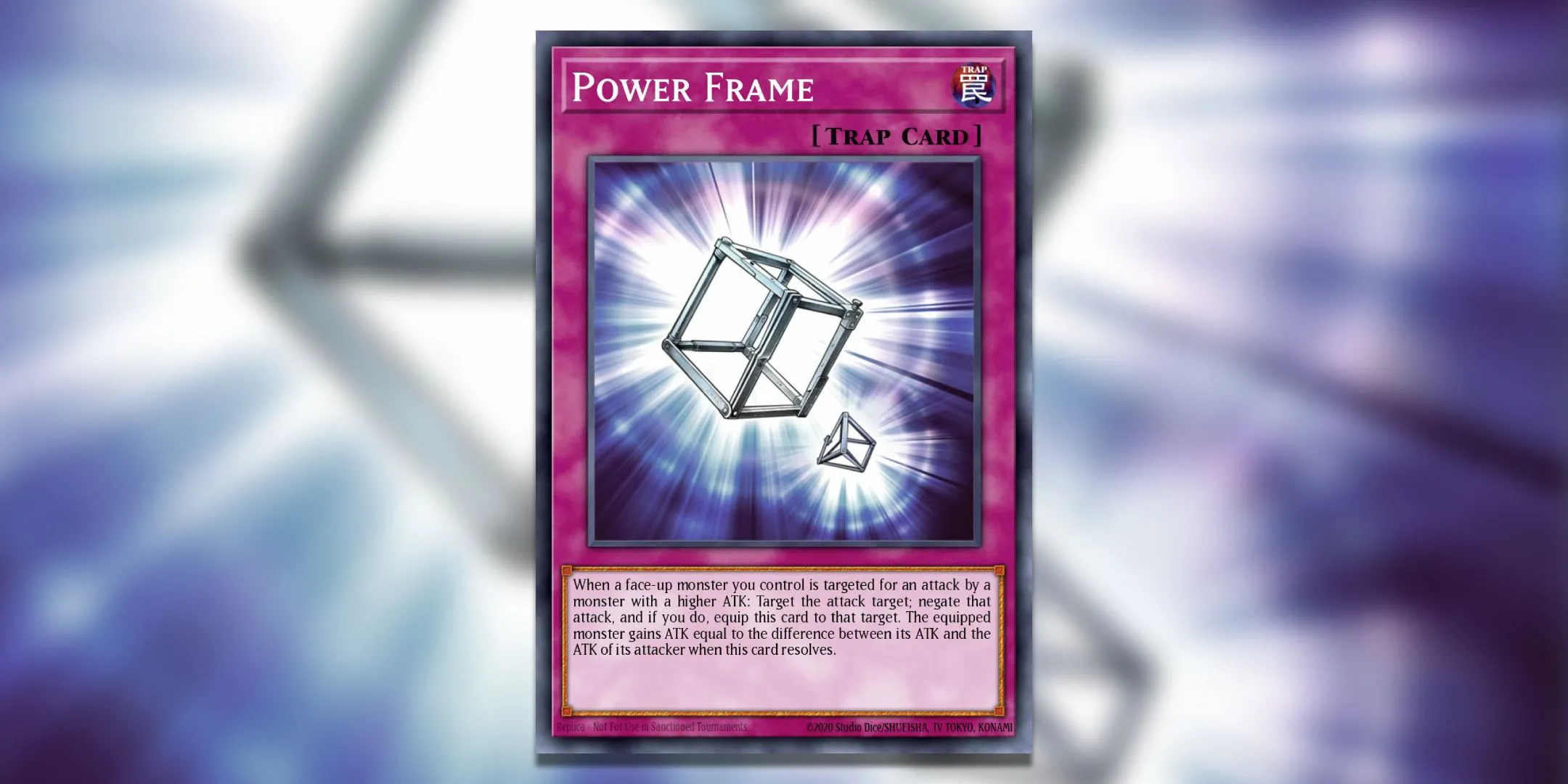 Thẻ bài Bẫy Power Frame trong Yu-Gi-Oh!, nổi tiếng với văn bản hiệu ứng dài dòng và khó đọc.