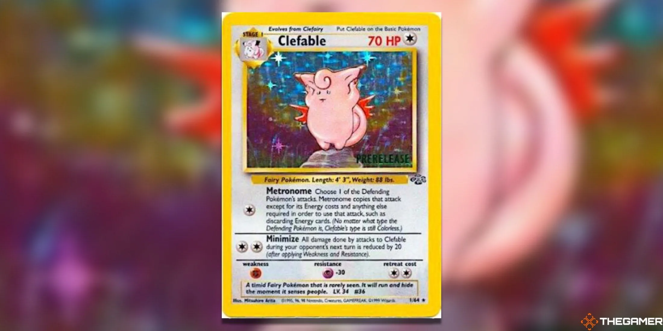 Thẻ bài promo Clefable Prerelease từ Wizards of the Coast, một trong những thẻ hiếm nhất từ bộ Jungle.