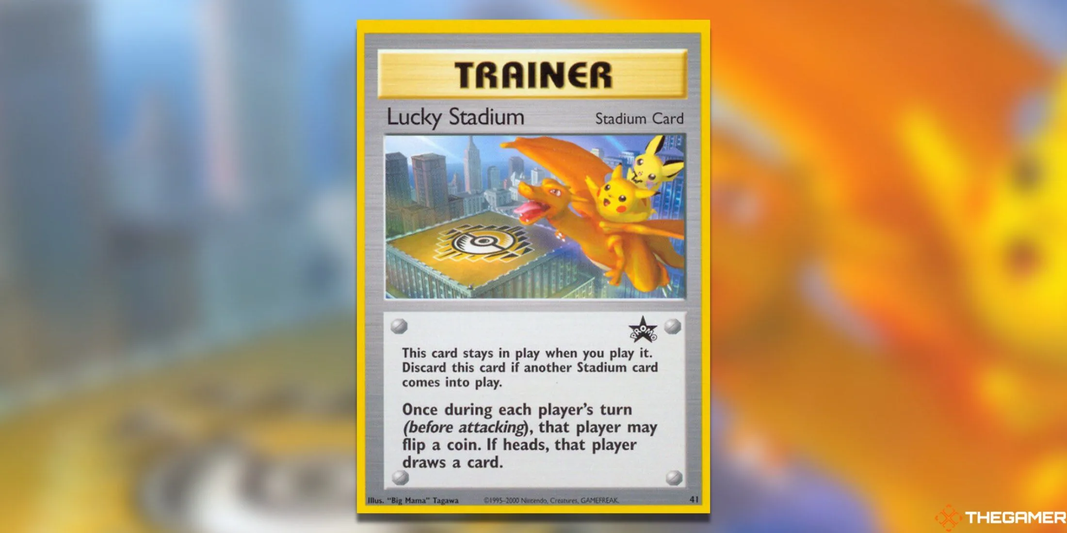 Thẻ bài promo Lucky Stadium từ Wizards of the Coast, phát hành nhân dịp khai trương Pokemon Center tại New York năm 2001.