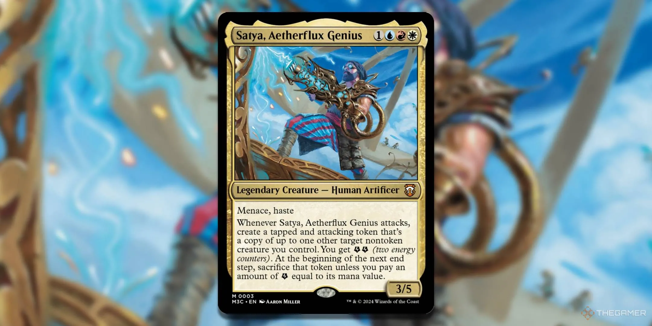 Thẻ bài Satya, Aetherflux Genius MTG, minh họa cơ chế sao chép và năng lượng của Commander deck Creative Energy.