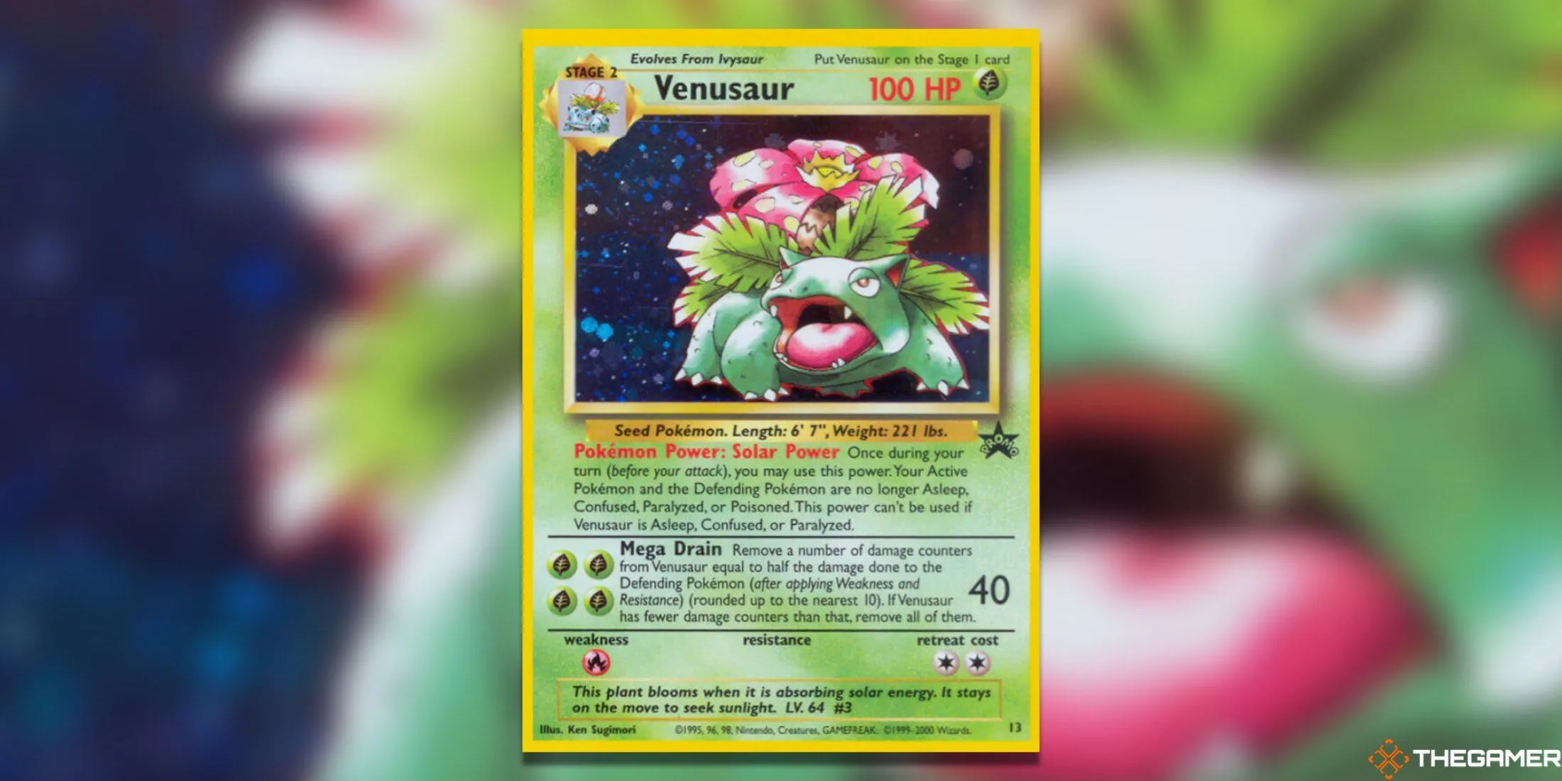 Thẻ bài Venusaur promo từ Wizards of the Coast, minh họa thiết kế sprite nguyên bản trong tựa game Pokemon Game Boy.